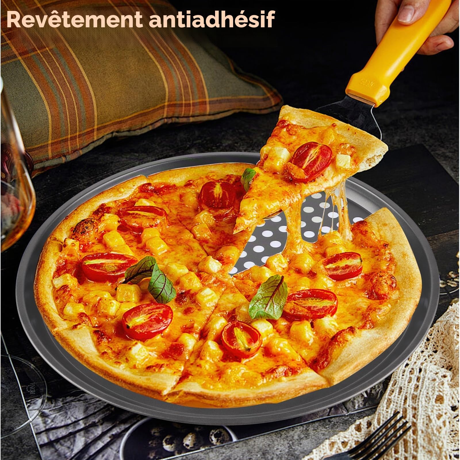 4 Pièces Plaque Pizza Four, 32 cm Plaque Pizza Antiadhésifs, Plat Pizza Four Ronde, Plaques à Pizza en Acier Carbone