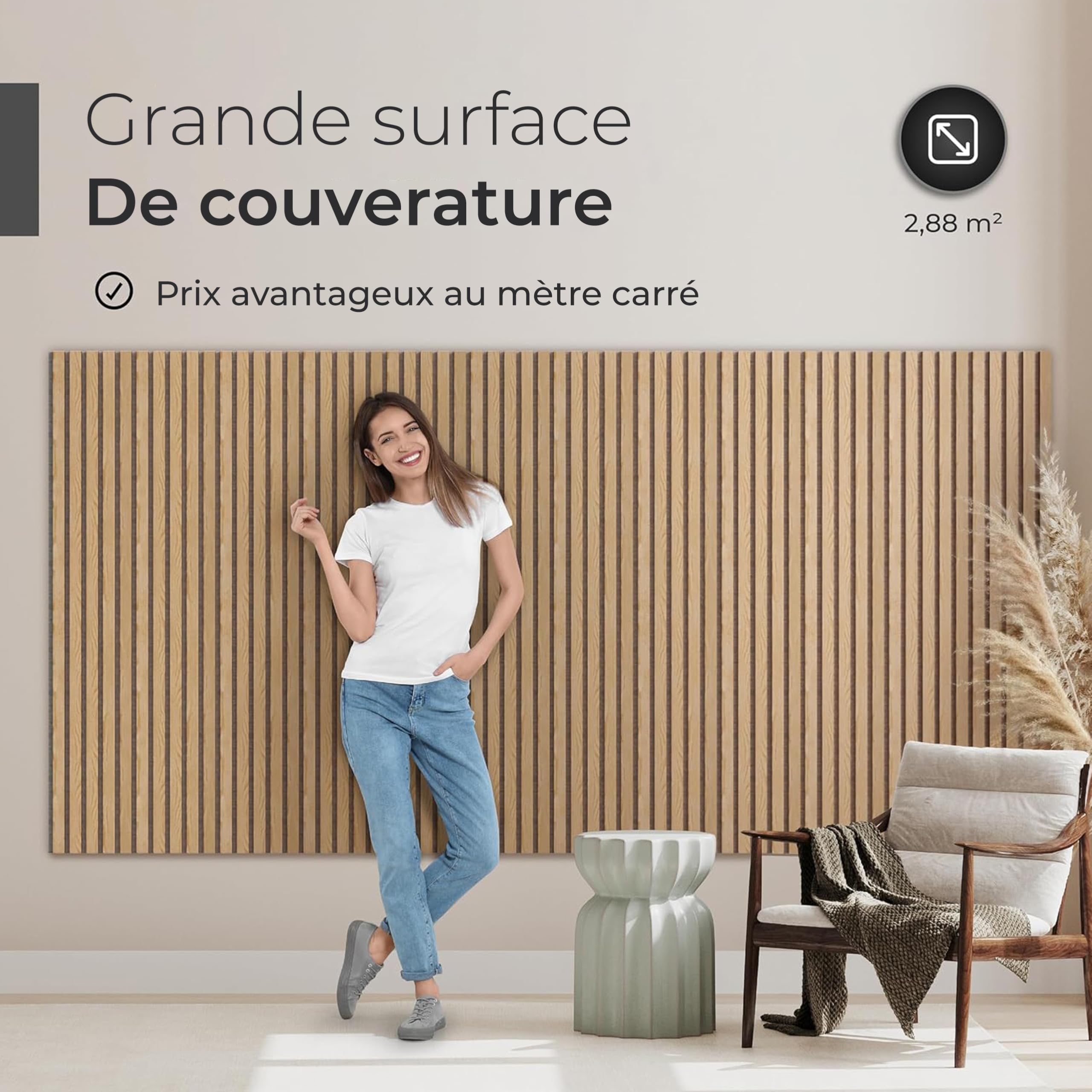 Panneaux Acoustiques en Bois | 4 Pièces, chaque 120x60cm | Placage en Bois Véritable (Chêne) & Feutre Acoustique (Gris) | Set de 4 = 2,88m² | Revêtement Mural, Isolation Phonique