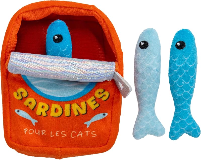 Silly Sardines 3-Pack Cat Toy for Cats & Kittens, Plush Catnip Sardines in Crinkle Can Pouch for Chase & Carry, 4.5"
