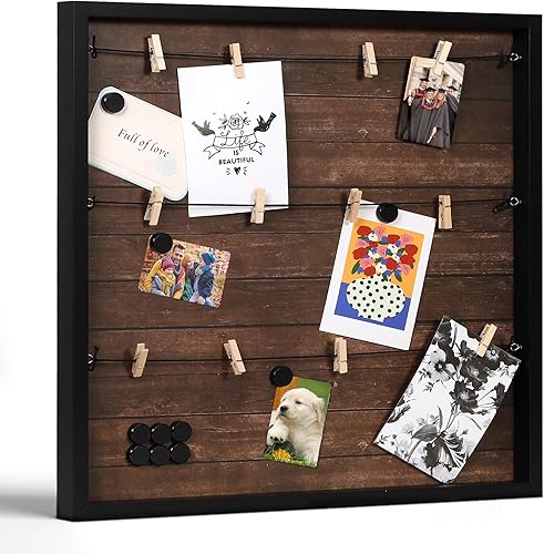 Miniatura 1 de Houseables Marco magnético para collage de fotos, 20 x 20 pulgadas, madera rústica oscura, tablero de fotos colgante, con clips, 10 imanes, para