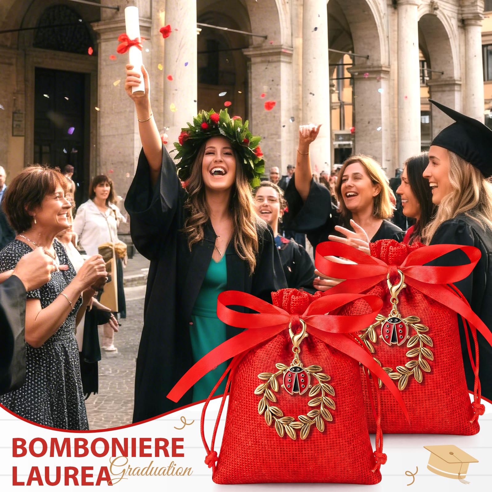 BBTO 36 Sets Bomboniere Laurea Sacchetti Portaconfetti Ciondolo di Corona d'Alloro Coccinella Biglietti e Nastro Rosso Sacchetti Confetti Regalo di Laurea Festa Cerimonia Fai da te(Coccinella)