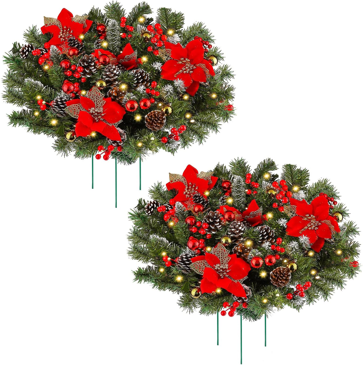 Fovths 2 Pack 18 Inch Christmas Pathway Trees Outdoor Artificial Christmas Tree Kit Urn Filler with 70 LED Lights Pine Cones for Festival Christmas Decorations (White)