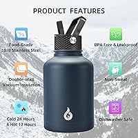 Vista 251 de BJPKPK - Botellas de agua aisladas con tapa de popote, botellas de agua de acero inoxidable de 40 onzas con 3 tapas, termo a prueba de fugas libre