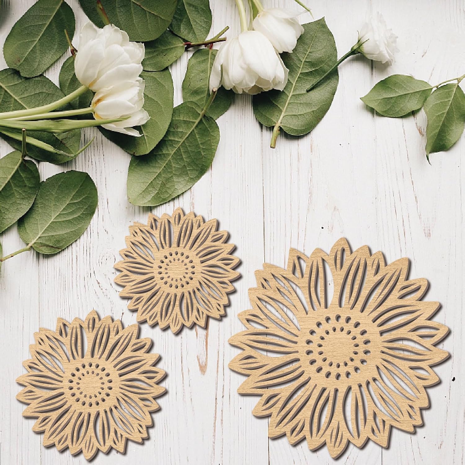 CREATCABIN 3Pcs Flowers Wood Wall Decor Wooden Sunflower Wall Art Decoration Hanging Set Hollowing Out Round Flower Sculpture Laser Cut Wooden Sign Ornament for Home Bedroom Gallery Office
