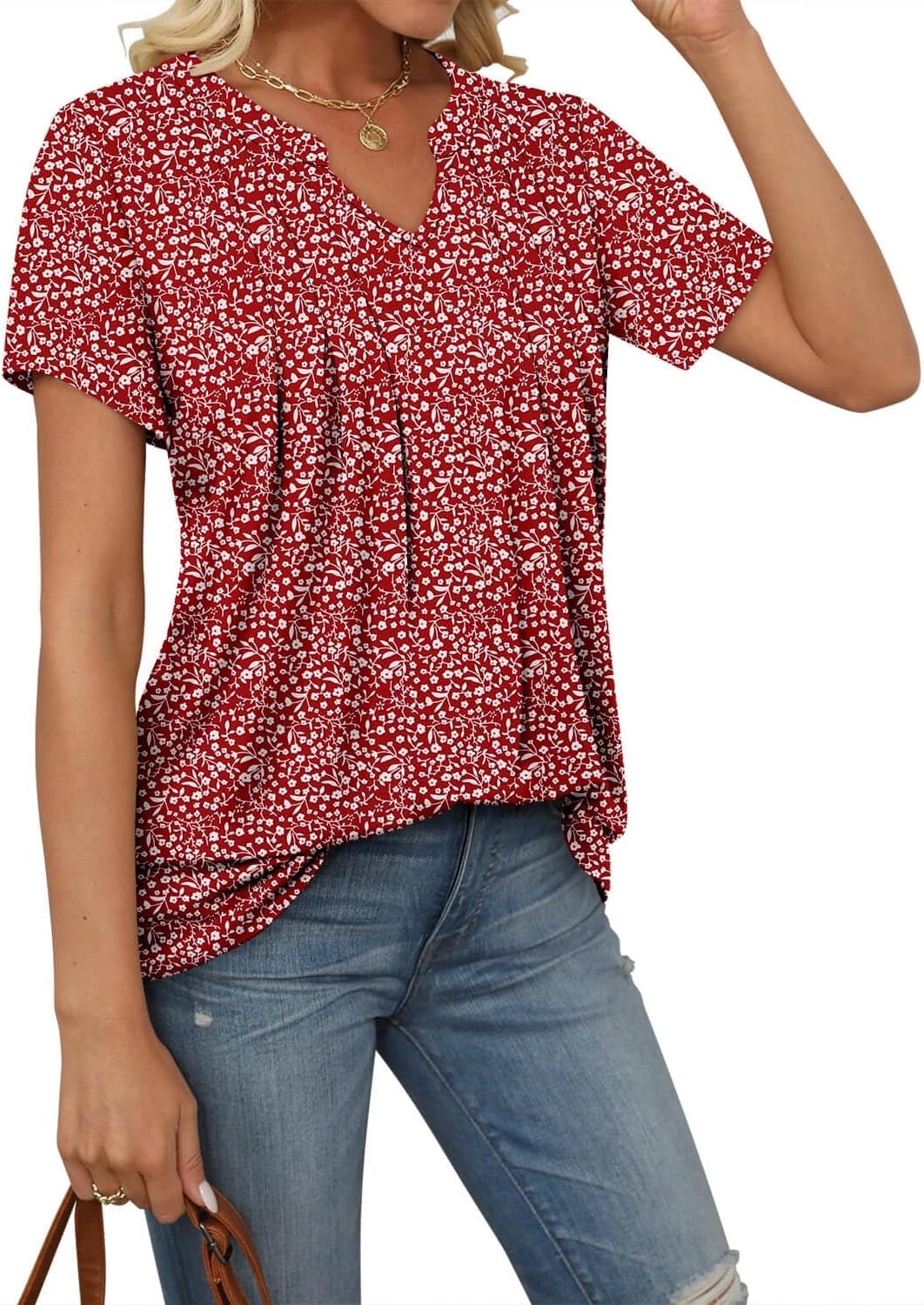 ONLYSHE Womens Short Sleeve Shirts Summer Floral Tunic Tops V Neck Blouse Loose Fit Shirts for Leggings - Image 3