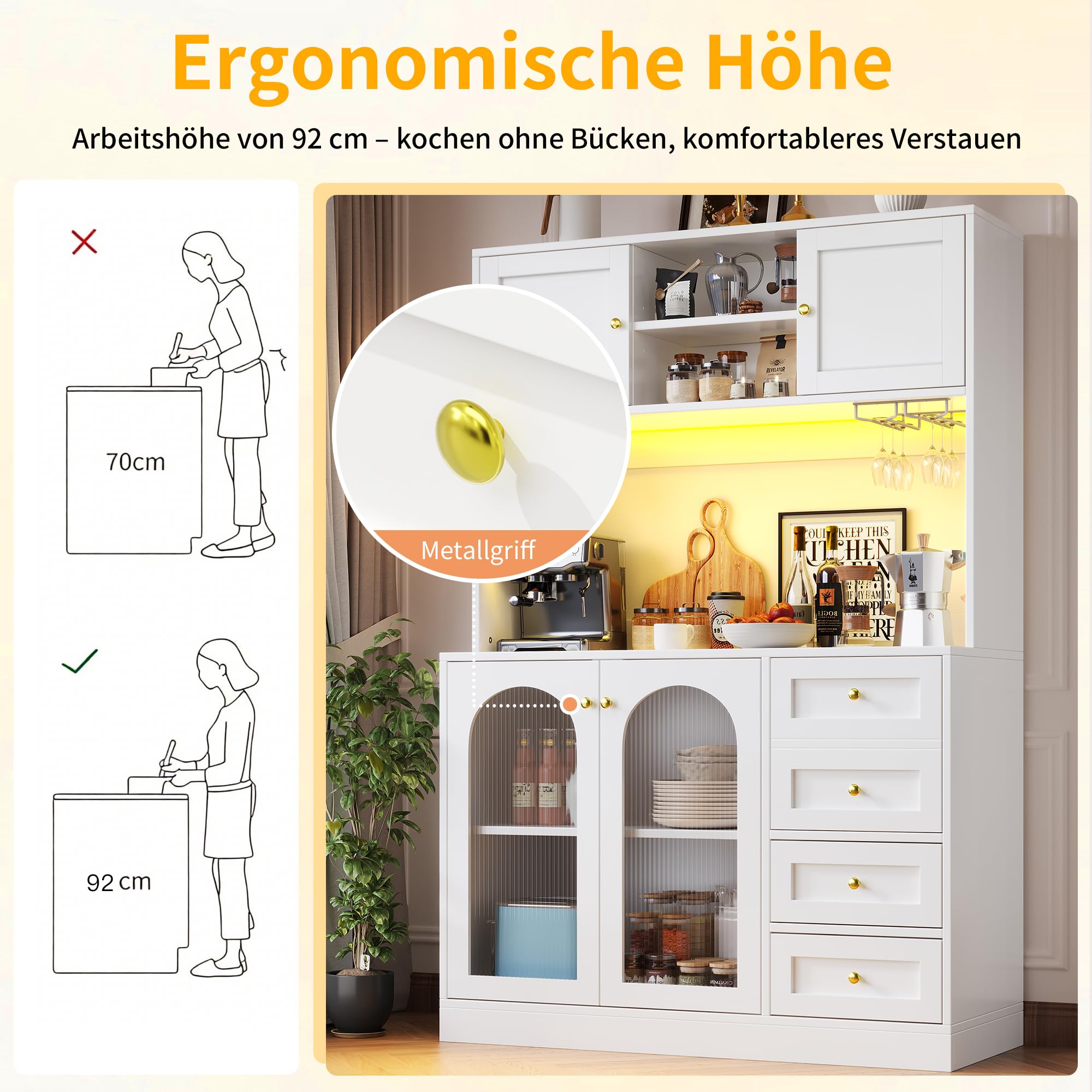 DRIXNO Küchenschrank, Aufbewahrungsschrank, Buffetschrank mit LED-Beleuchtung, Esszimmerschrank mit Getränkehaltern, 4 Türen, Sideboard für Küche Wohnzimmer Esszimmer, 120x40x188 cm, Weiß
