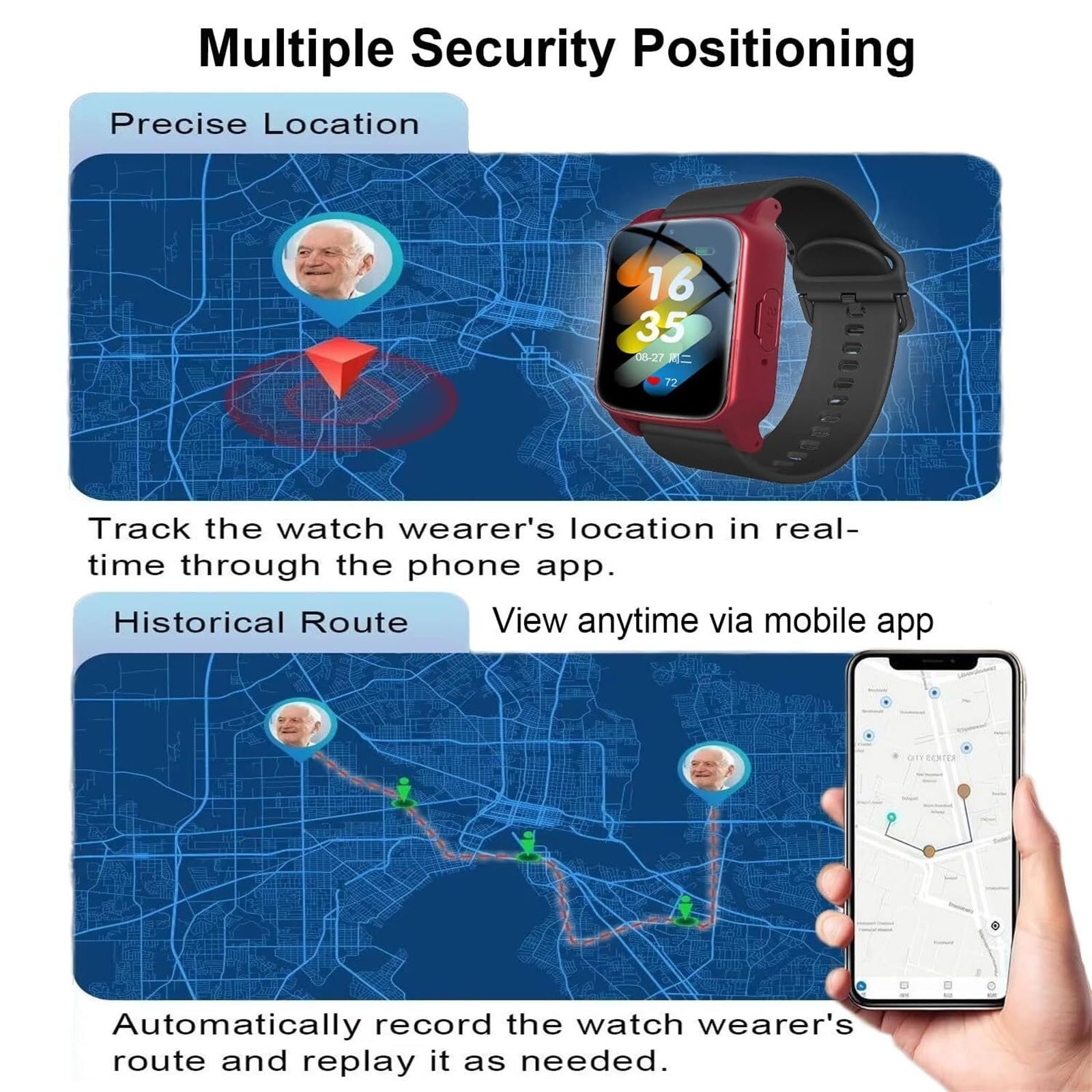 Mothdust Orologio Emergenza Per Anziani Con Sensore Cadute Tracker GPS Videochiamata HD Monitoraggio Salute Cinturino Silicone IP67 Impermeabile Smartwatch Per Alzheimer Tracking Sicuro(Red)