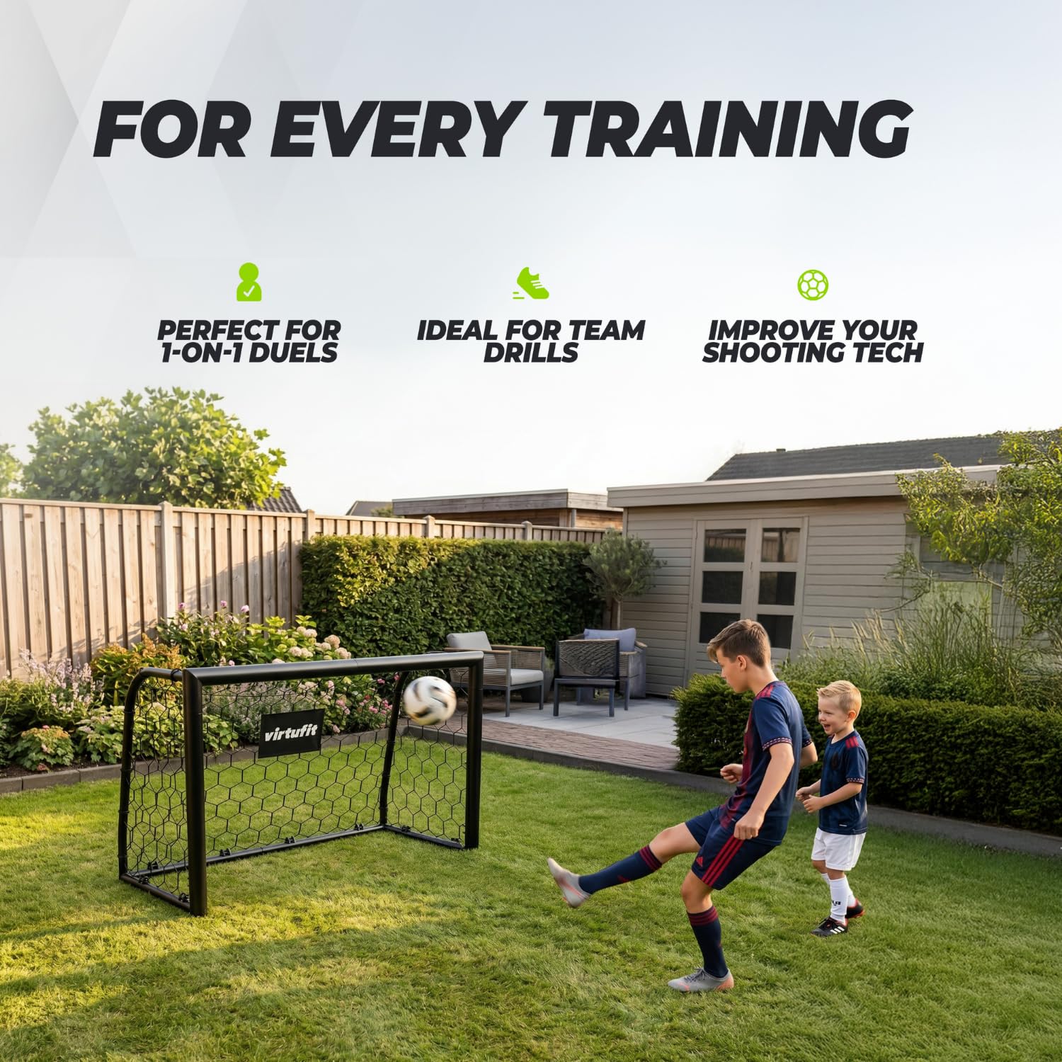 VirtuFit Portería de fútbol premium – Portería de fútbol resistente 120 × 80 × 60 cm – Portería de jardín robusta con marco de metal resistente a la intemperie, red de poliéster y anclajes para el