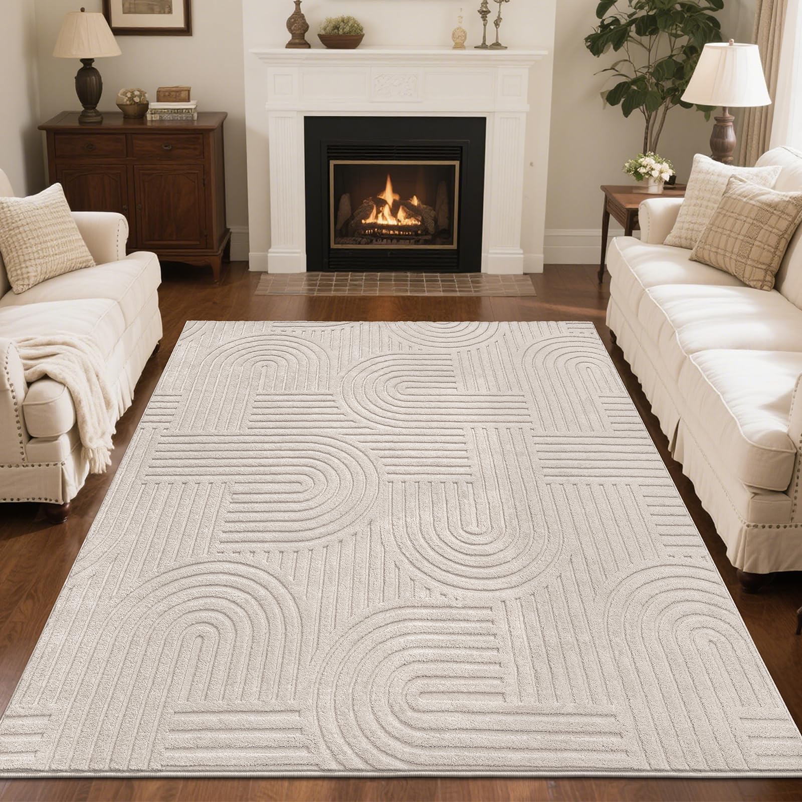 SHACOS Soft Cozy Fluffy Arch Pattern Area Rug Beige