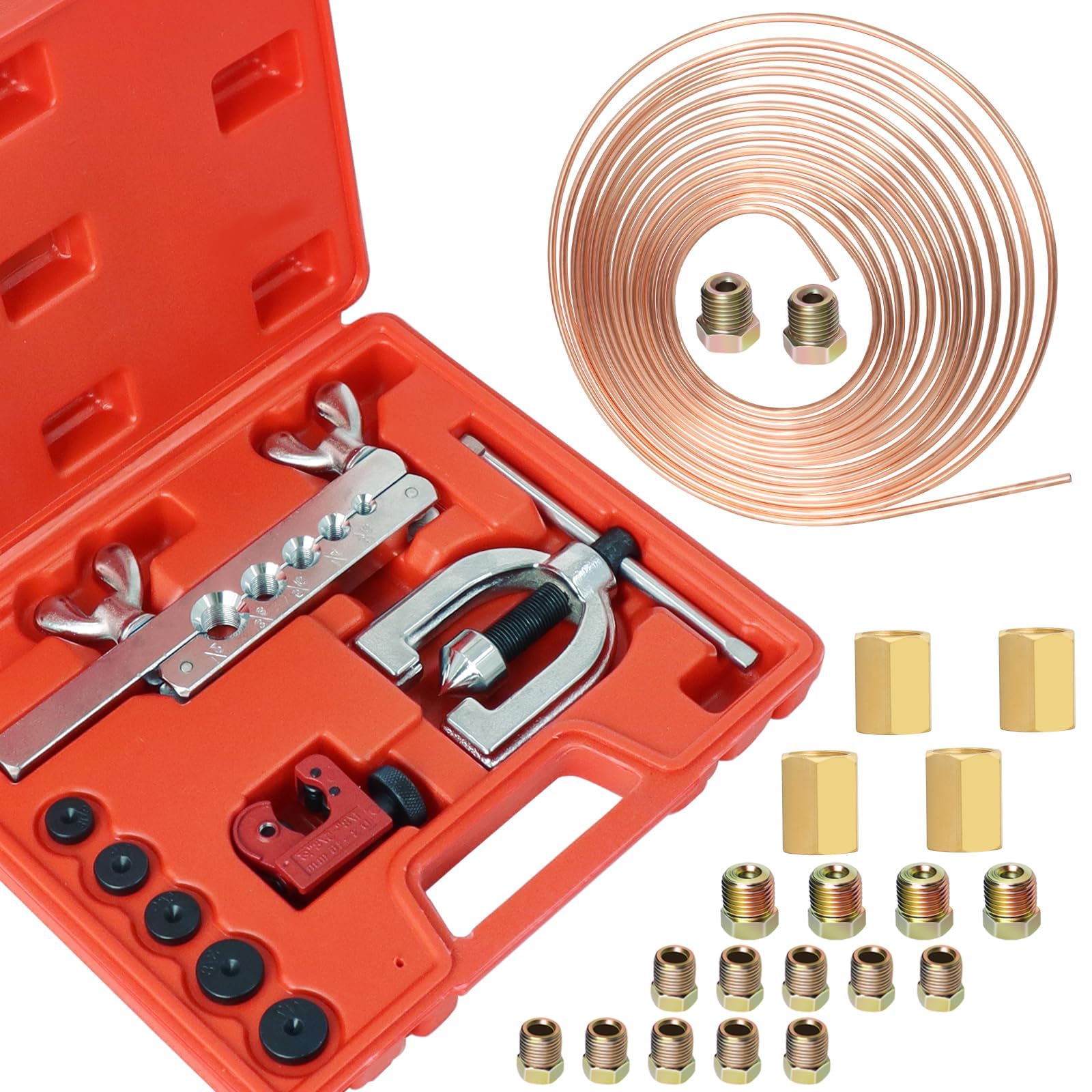 Poweka Kit de Herramientas para Cable de Freno,7,6 m 4.7 mm Conducta De Freno para Herramienta Abocardar con 16 Accesorios de Tubo de Freno y 4 Roscas,Kit De Manguera De Freno