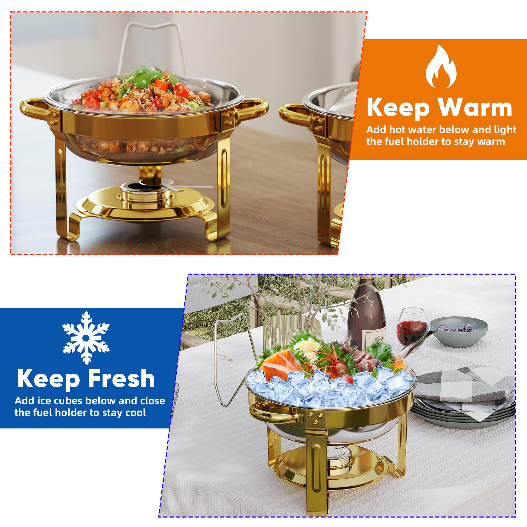 4 Pezzi Oro Rotondo Scaldavivande Buffet Set, 5 QT Buffet Catering Server con Coperchio Trasparente e Utensili, Inox Food Warmer per Feste, Matrimoni, Eventi di Catering All'aperto