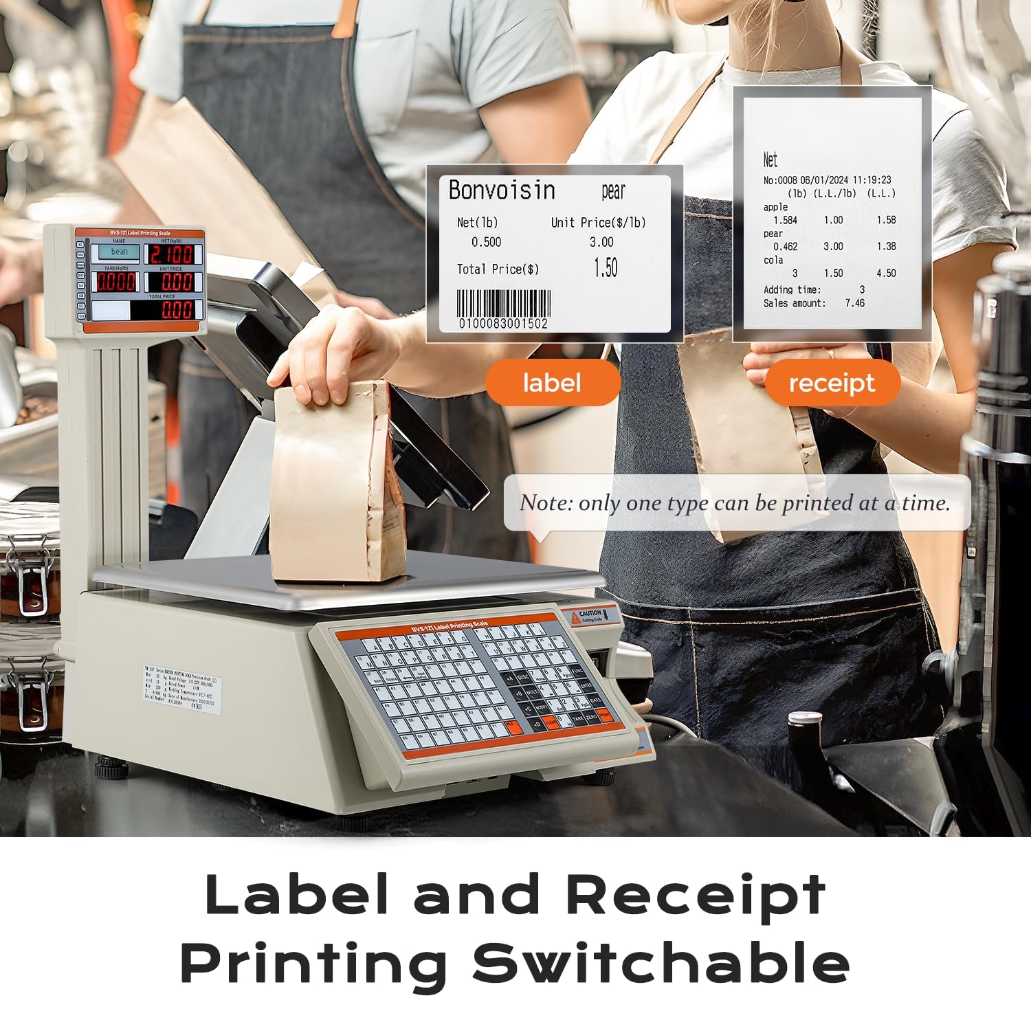 Bonvoisin Digitale Etikettendruckwaage 30kg/66lb mit Barcode Druck - Doppeldisplay - 71 Tasten & 4000 PLU Speicher - RS232/Ethernet/Kassenschublade - für Supermarkt, Einzelhandel