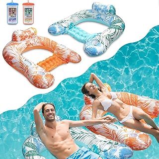 Weeupolfun Inflatable Pool Float Loungers, 2 Pack Pool Float Loungers Inflatable Adults with Backrest & Cup Holder, Tropical Rainforest Theme U-Seat Floating for Pool and Sea Toys (blue)
