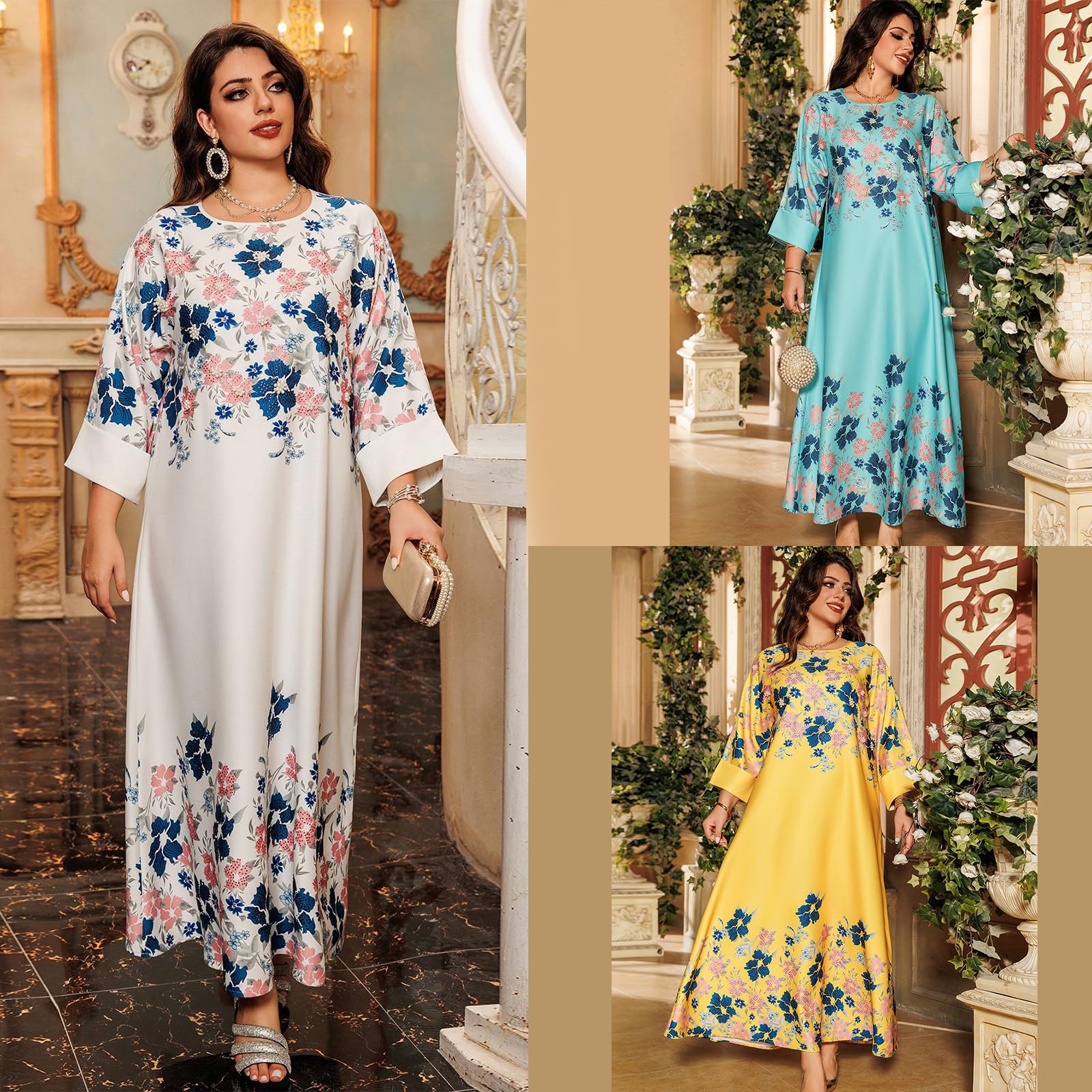 Vestido de caftán para mujer, vestido de túnica de Oriente Medio, estampado de flores, vestido de oriente Medio, vestido casual diario