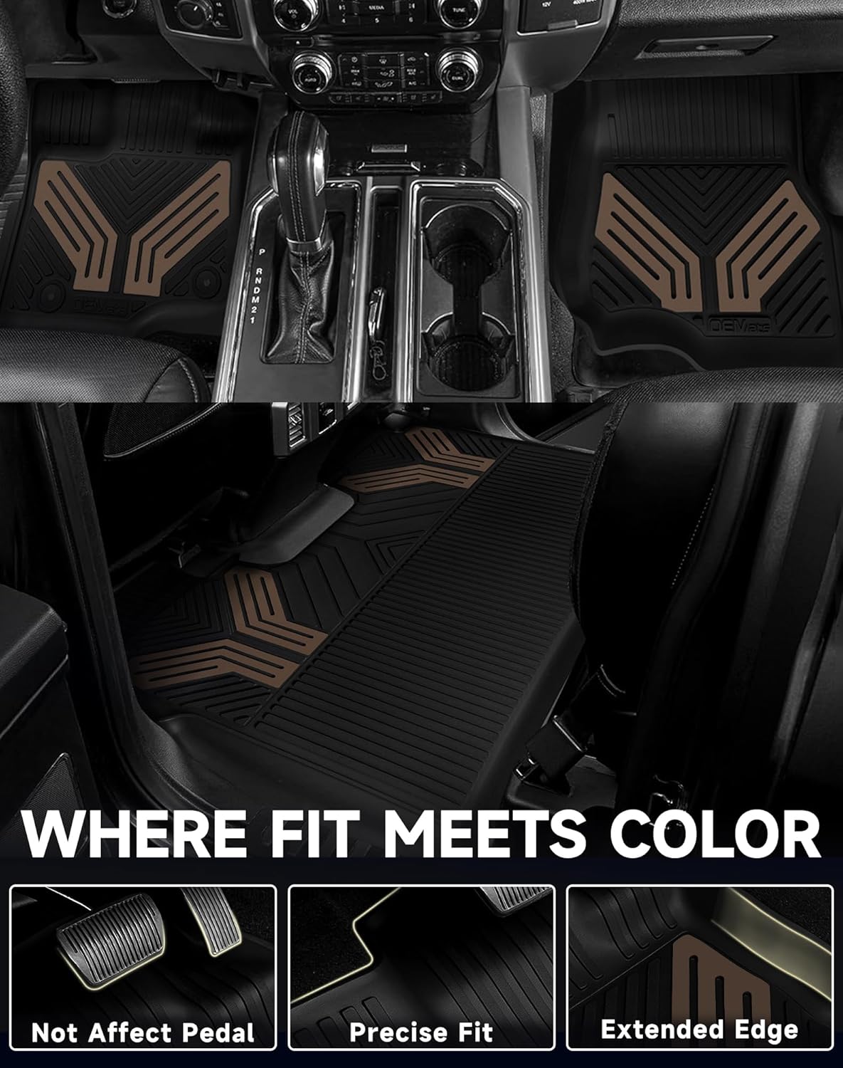 Premium Color TPE Floor Mats for Ford F-150 2015-2026 | Saddle Brown Wing Design| F150 Lightning 2022-2025 SuperCrew (Rear w/o Fold Flat Storage) | Heavy Duty Car Carpet All-Weather Protection