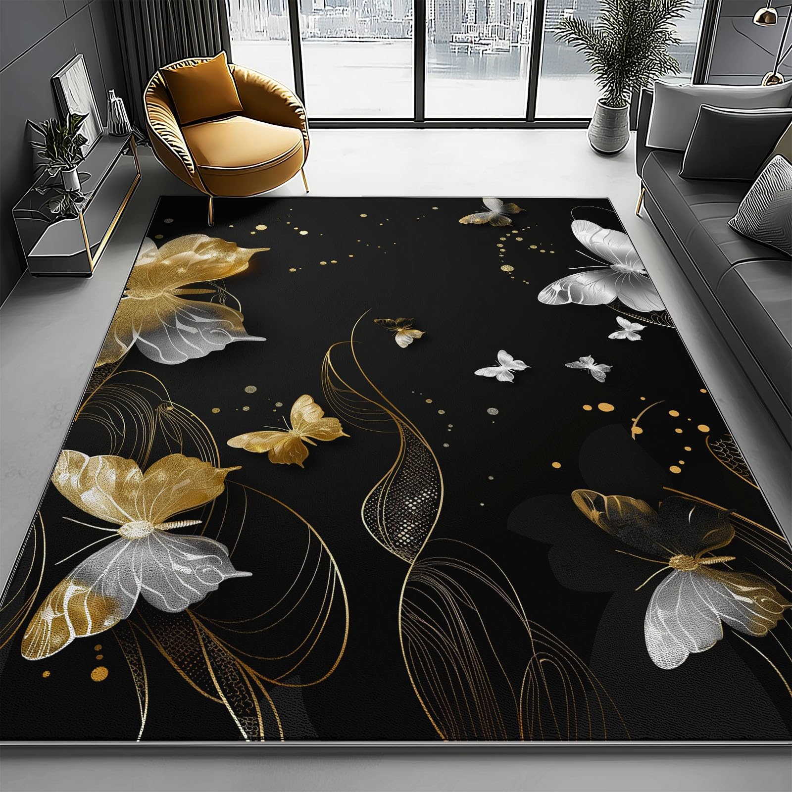 Tapis de bureau noir et argent au fini métal imprimé et texture poil court raffinée