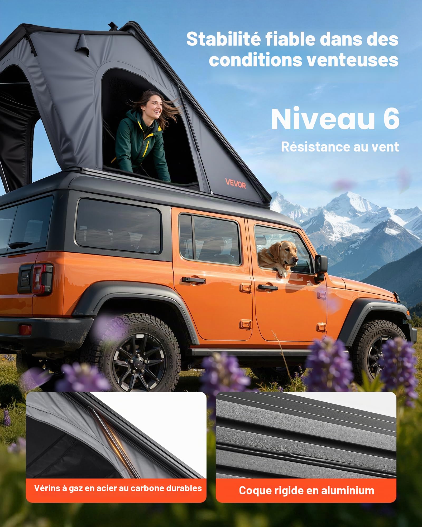 VEVOR Tente de Toit pour Voiture, Tente de Toit à Coque Rigide pour 2-3 Personnes, pour Camping Caravane, en Aluminium, avec Éclairage LED Tricolore, Matelas Épais et Fenêtre, Étanche et Coupe-Vent