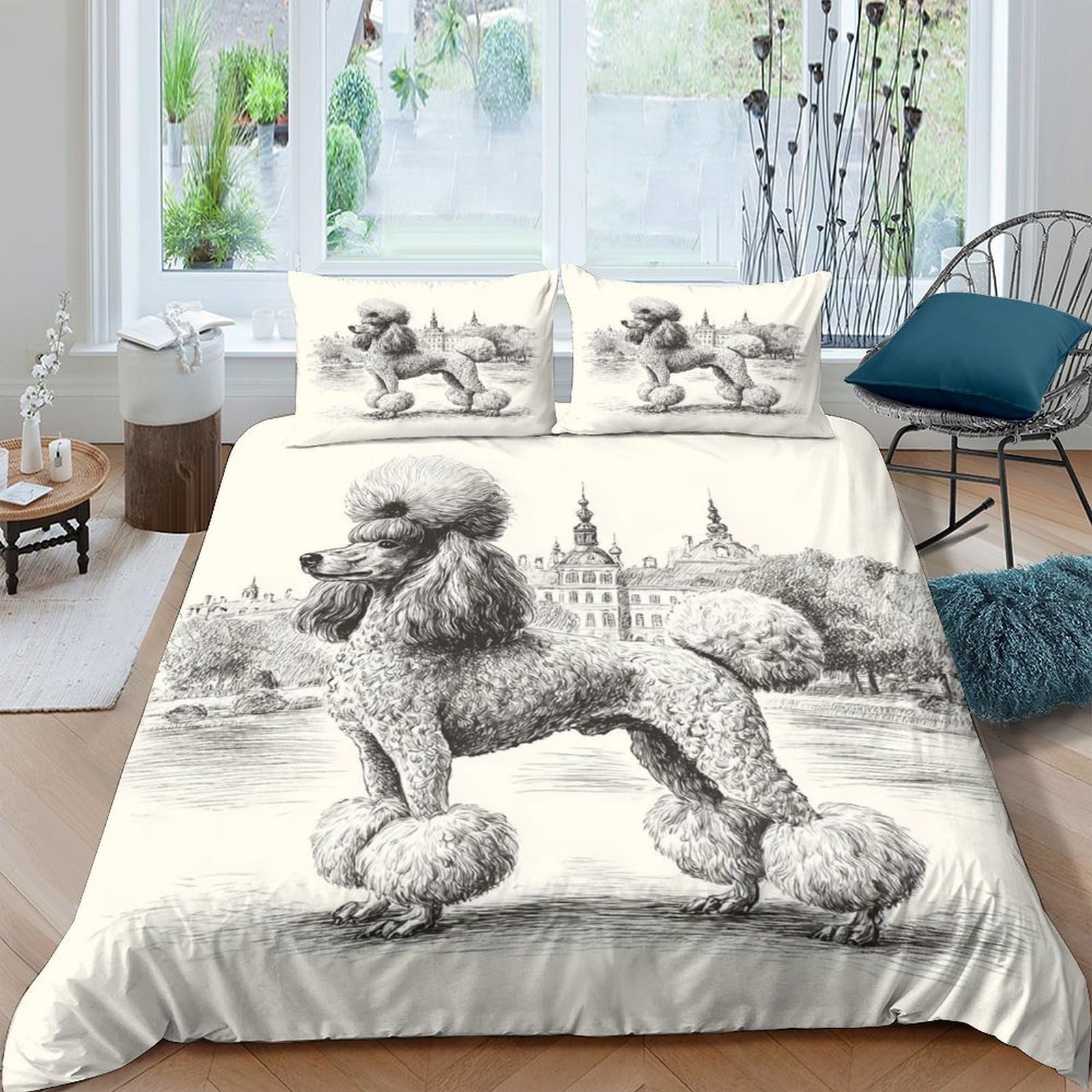 Ctjqhvkz Style-4 3D Printed Vintage Poodle Fitted Sheet Microfiber Grey Sketch Mattress Cover Anti-Slip Machine Washable Dog Art Bedding For Bedroom Guest Room Single（135X200cm）