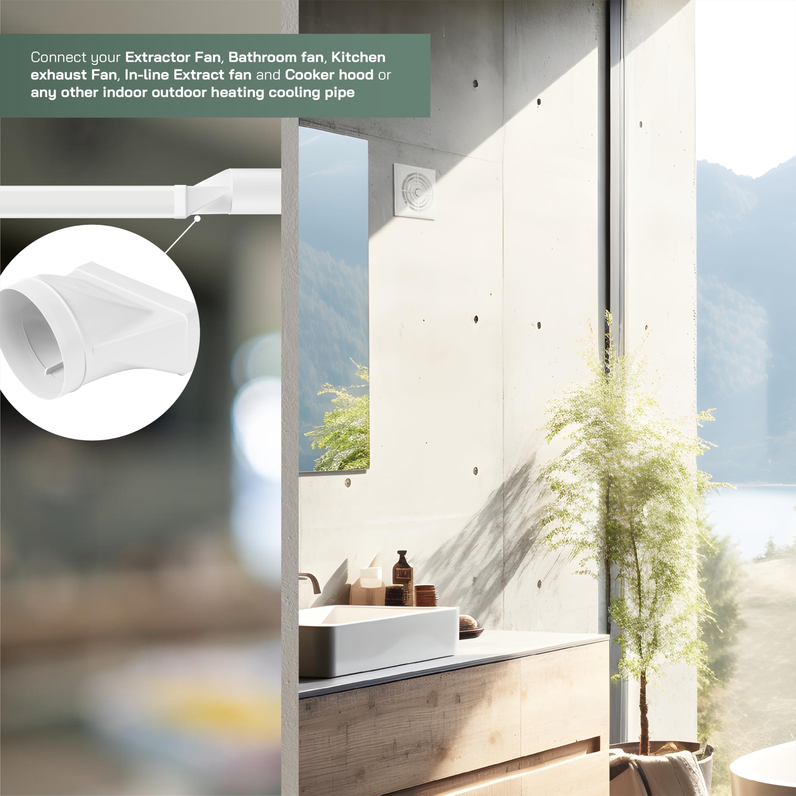Vent Systems 220x90 mm en el conector de tubería rectangular de Ø150 mm para la conexión del tubo redondo. Sistema de ventilación, calefacción, enfriamiento - No apto para equipos de AC.
