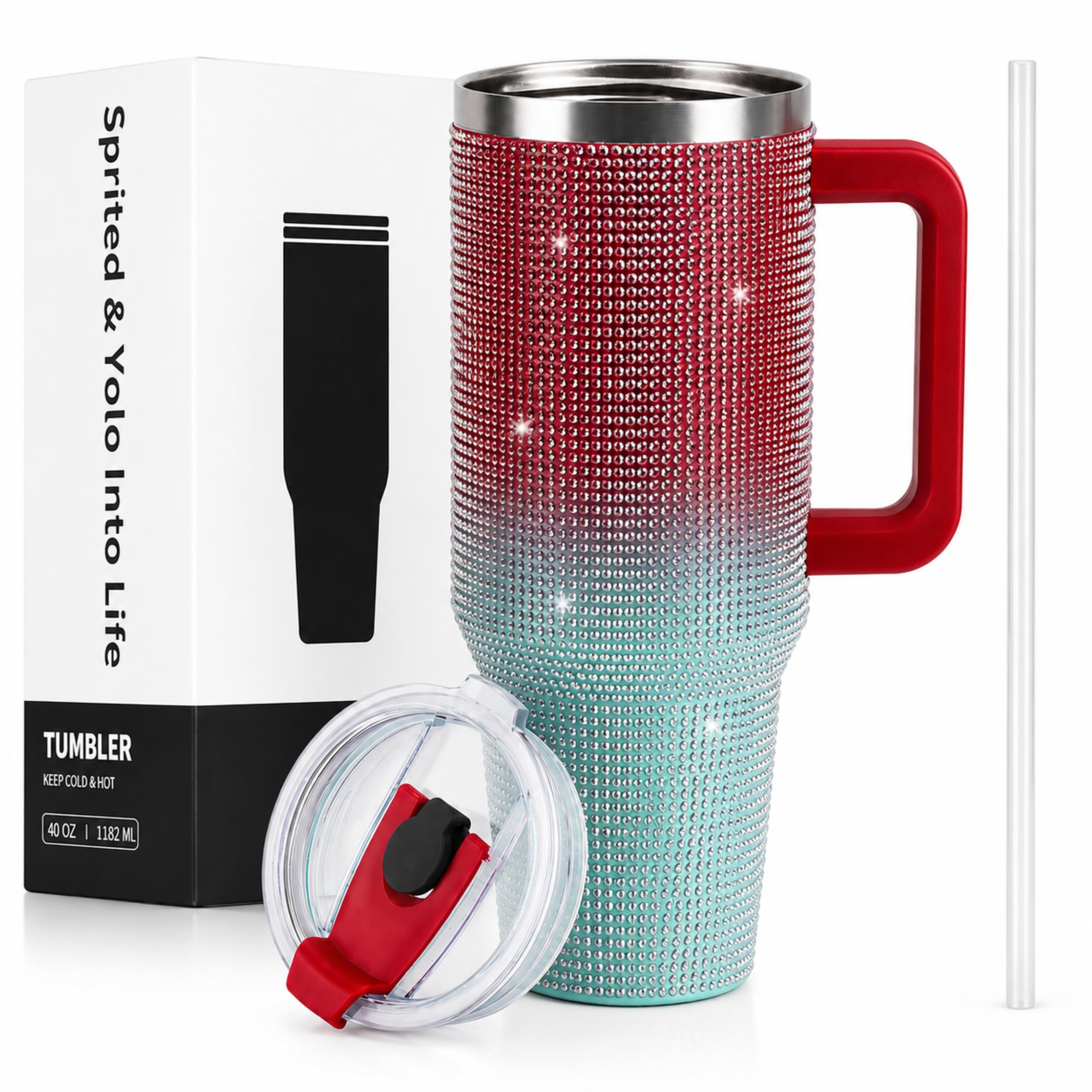 WATERSY 1182ml Edelstein Glitzer Isolierbecher, Edelstahl Thermobecher mit Griff und Strohhalm, Doppelwand Vakuum Kaffeebecher, Bling Tumbler Reisebecher für Frauen und Mädchen (Red & Green) Küche, Haushalt & Wohnen