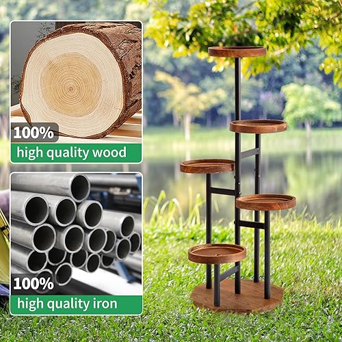 Miniatura 6 de TEAKMAMA Soporte alto para plantas de 5 niveles, soporte alto de metal para plantas de interior con ranuras profundas anticaídas para múltiples
