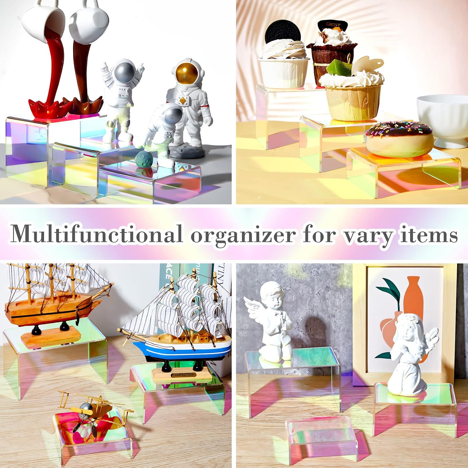 Queekay Iridescent Acrylic Display Risers, 3 Tier Rainbow, 6 Pieces