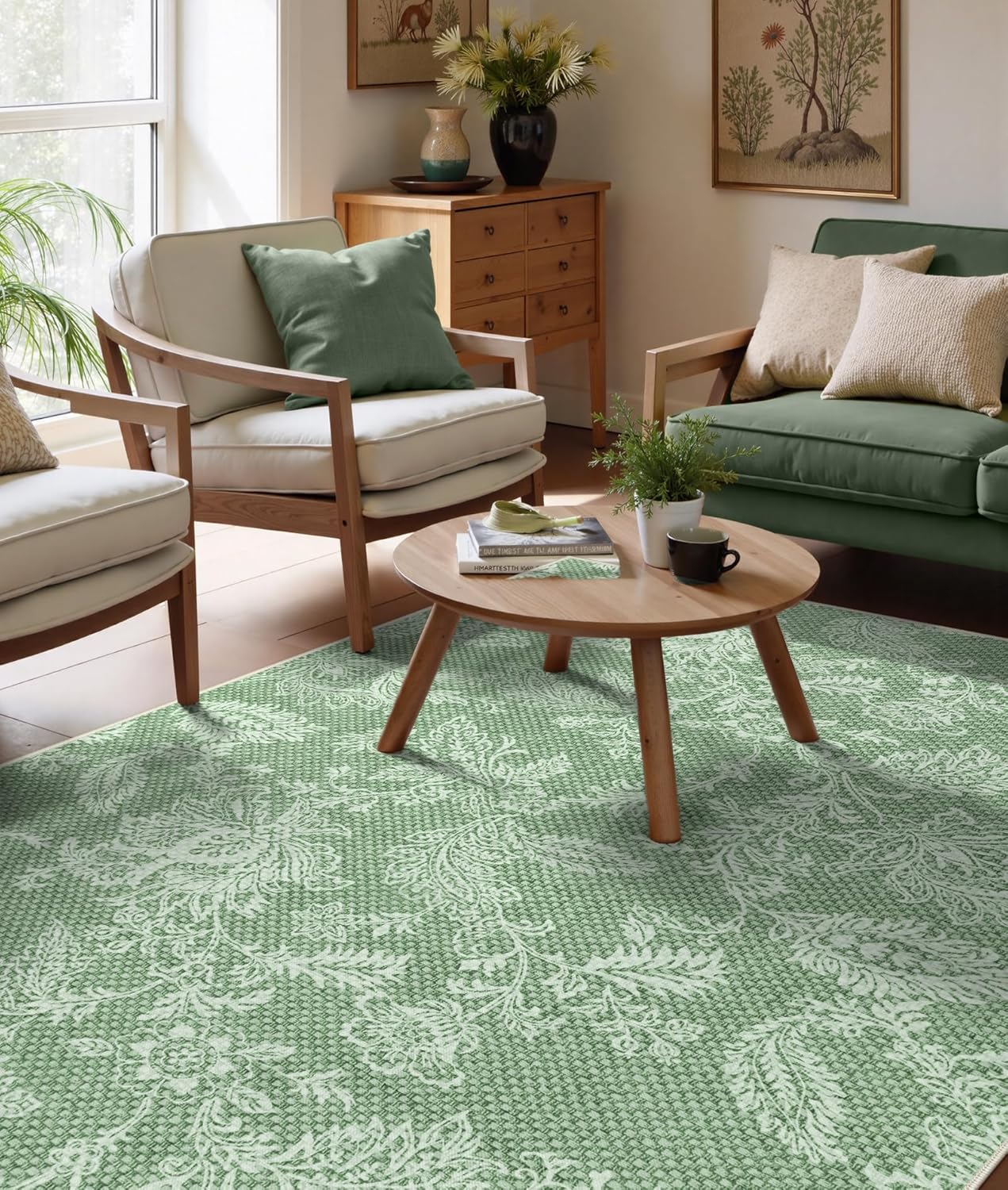 Lahome Indoor Outdoor Rug 8x10 - Floral Washable Non Slip Outdoor Patio Rug Neutral Farmhouse Outside Area Rugs for Balcony Deck Backyard Proch, RV Mat Outdoor Carpet for Living Room, Green