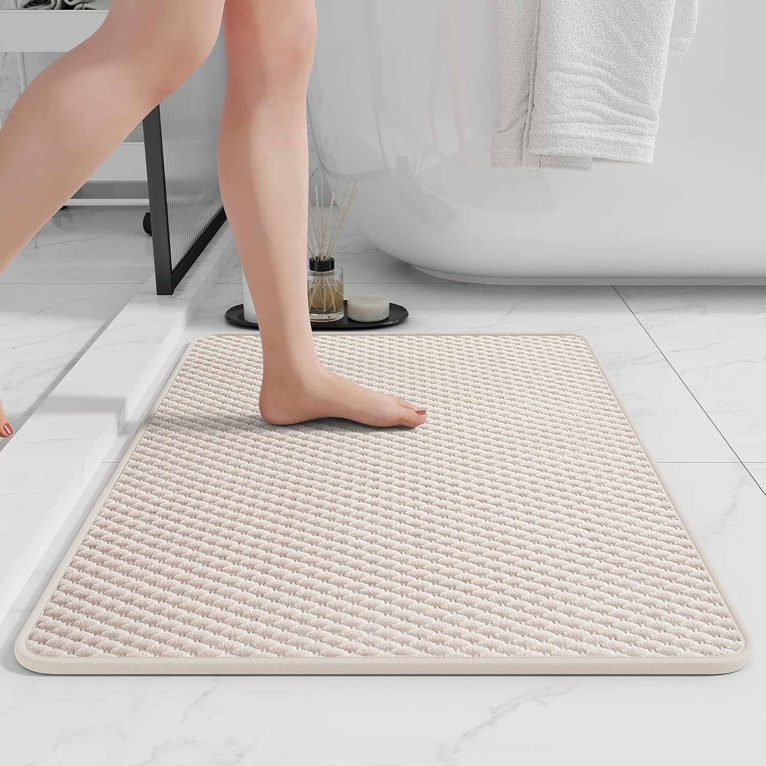 Bathroom Rugs Non Slip Washable, Rubber Bath Mats for Bathroom,Quick Dry,Super Absorbent Ultra Thin Small Bath Mat Low Pile Bath Floor Mat Fit Under Door,Shower,Sink, Light Cream, 20"x32" 1'8" x 2'8" (Rectangular) Light Cream