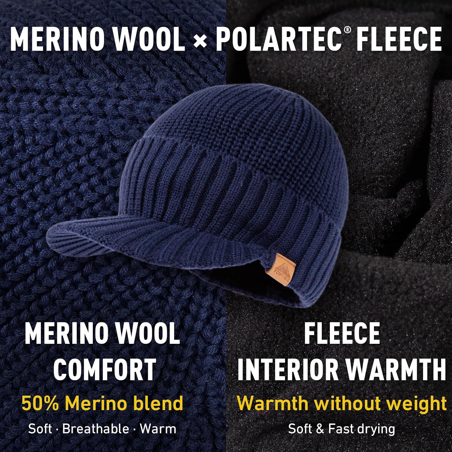 TOP-EX DryKnit™ 50% Merino Wool Waterproof Winter Beanie Hat with Brim Fleece Lined Knit Cap for Cold Weather & Large Head - Image 3