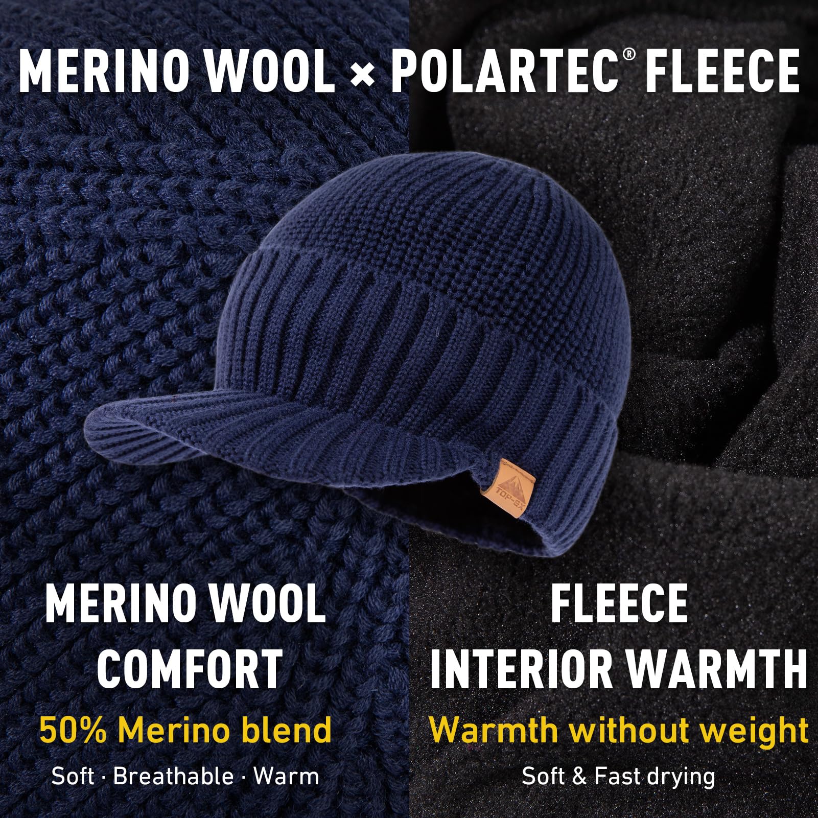 TOP-EX XL/XXL Dryknit - Berretto impermeabile in lana merino, con visiera, per uomo e donna, caldo berretto invernale con fodera in pile