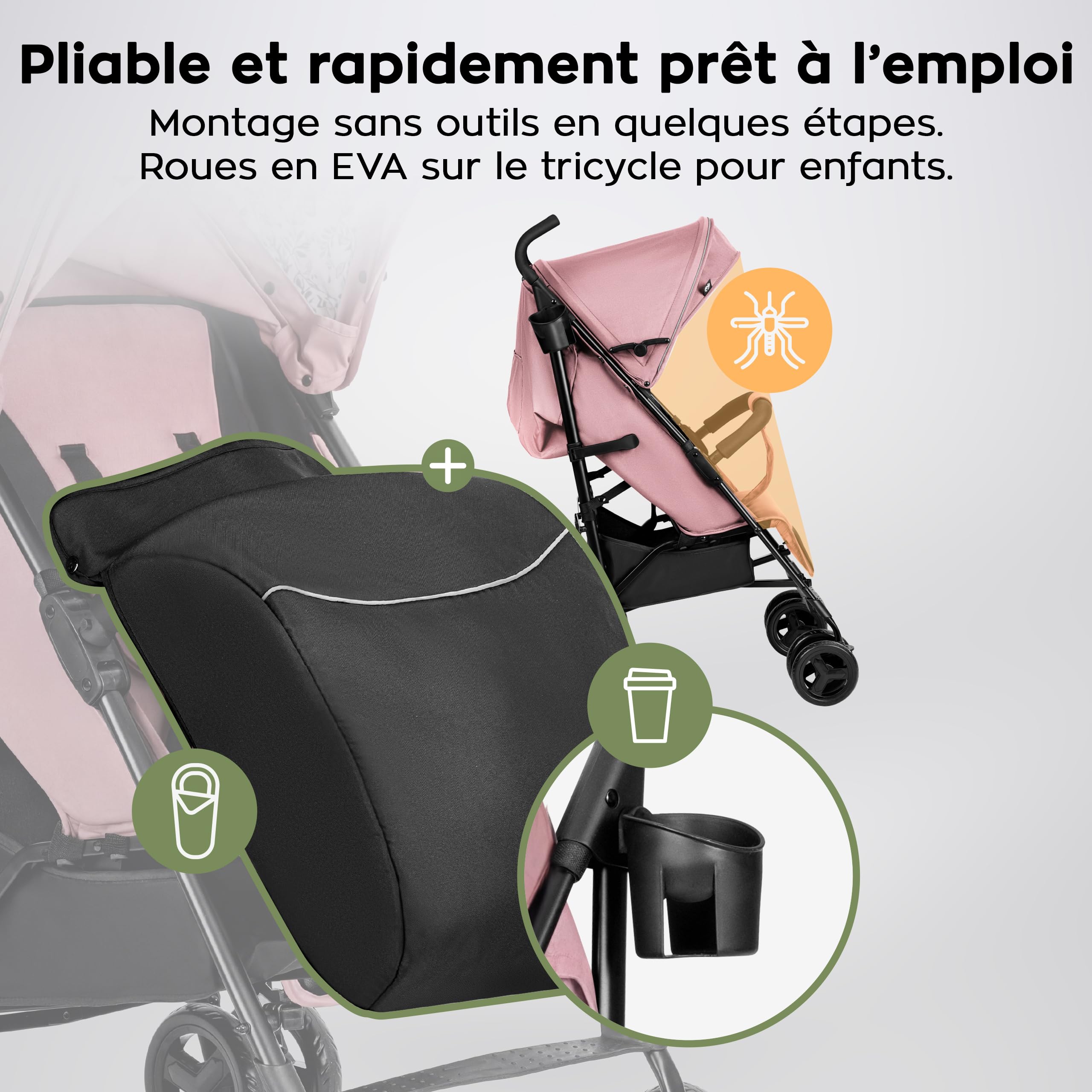 TULANO Davos 35 Poussette Canne Légère et Pliable – Poussette Citadine jusqu'à 22 kg (4 ans) – Dossier Inclinable avec Canopy XXL et Chancelière – Tissu Imperméable – Rose
