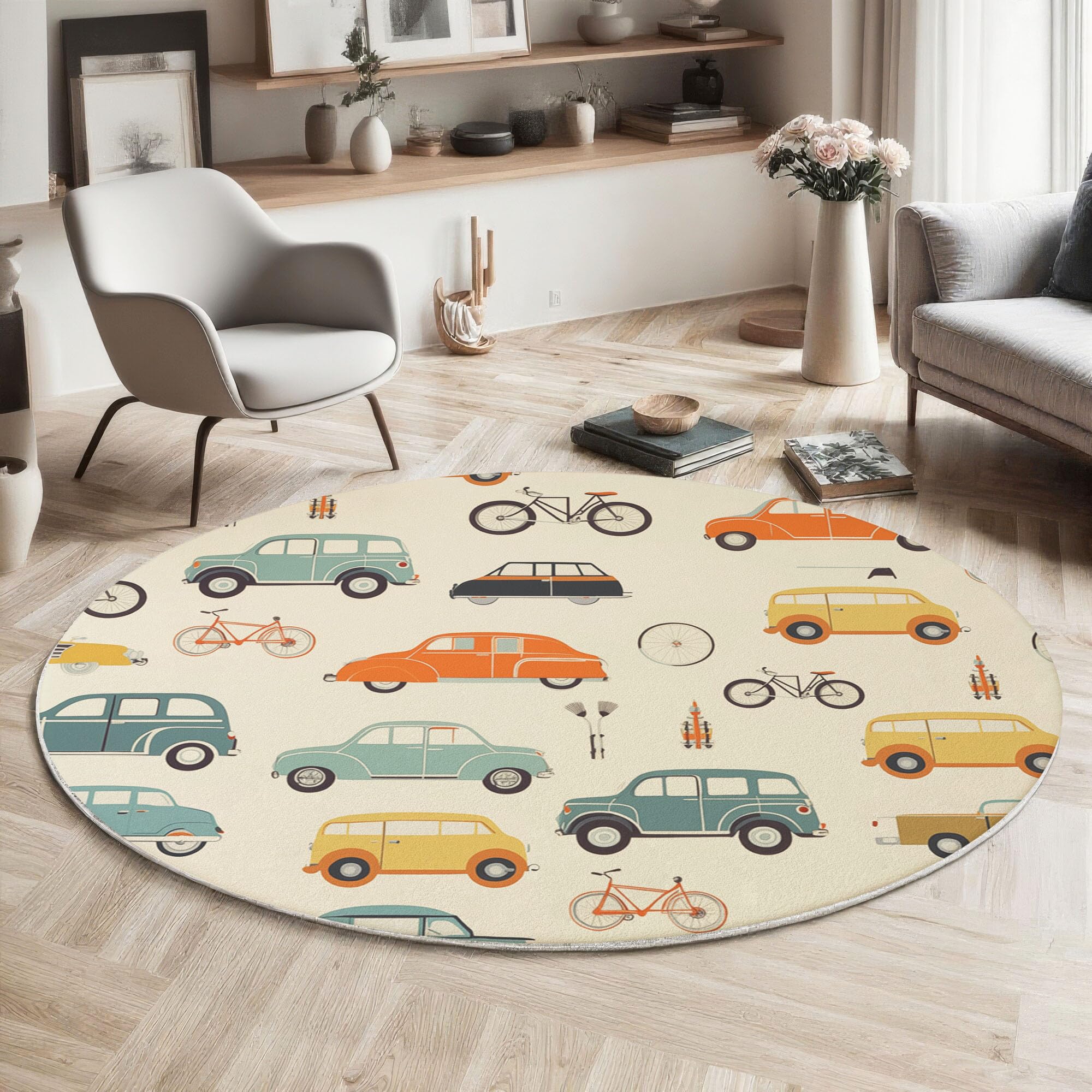 Teppich Rund Ø 120cm, Weich Flauschiger rutschfest Senfgelb Teppich, Waschbar Autos Fahrräder Bedruckter Retro Kindlicher Stil Runder Teppiche, für Wohnzimmer Schlafzimmer Kinderzimmer
