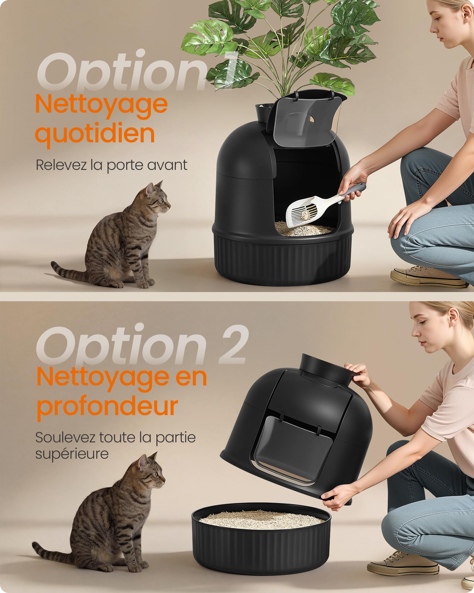 Feandrea Meuble Litière Chat, avec Fausse Plante, Bac à Litière pour Chat avec Porte, Filtre à Charbon, Contrôle des Odeurs, Galets Décoratifs, Pelle, Brosse, Noir d'encre PPT006B101