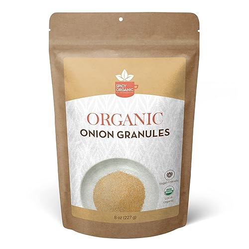 SPICY ORGANIC Gránulos de cebolla  Pure USDA Organic  Cebolla granulada culinaria sin OMG  Perfecto para usar en salsas, sopas, aderezos para