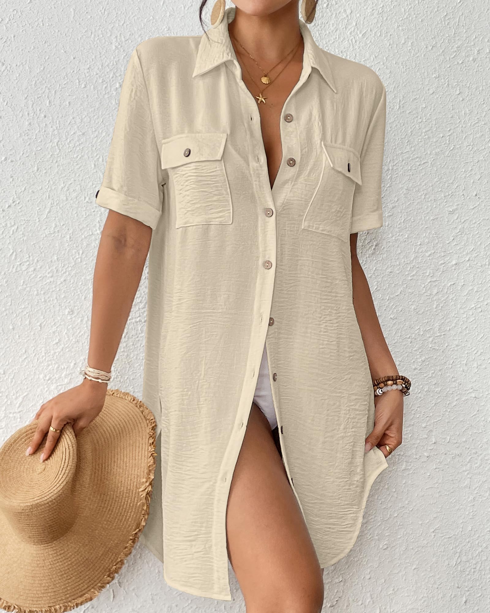 Bsubseach Mujer Vestido Corto Camisero de Playa Traje de Baño Cover Ups Túnica Cubre Bikini de Verano Ropa de Playa Color Sólido