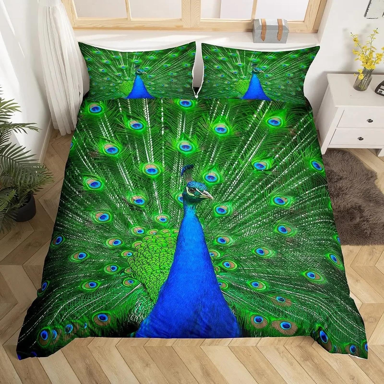 Housse de couette paon 200x220 cm avec ses 2 taies d'oreiller en polyester vert