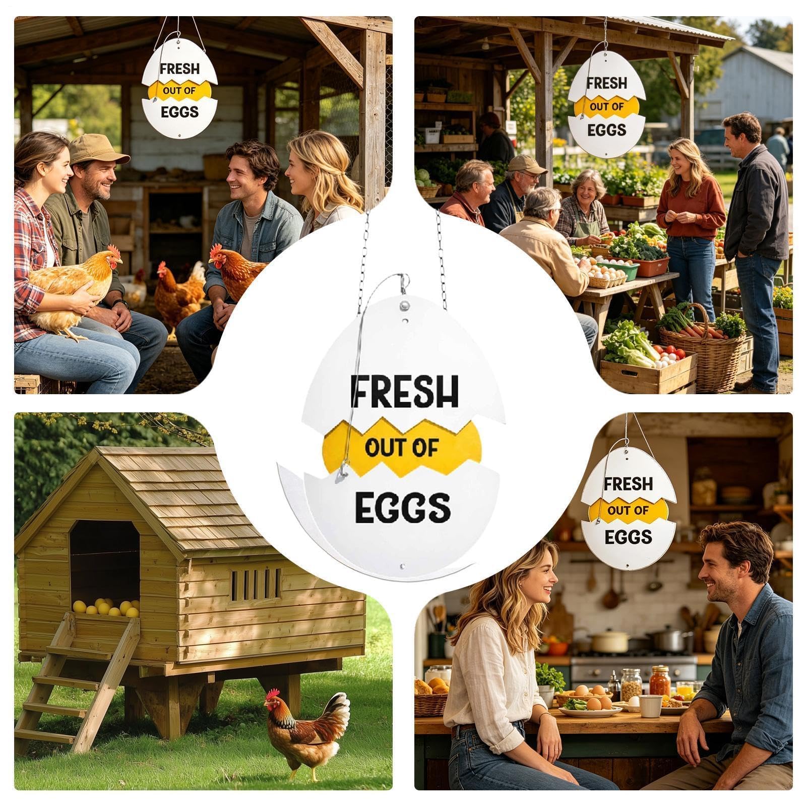 Letrero de metal con huevos frescos de granja, de madera, resistente a la intemperie, con conchas agrietadas, decoración colgante de mercado de gallineros para granja o valla al aire libre
