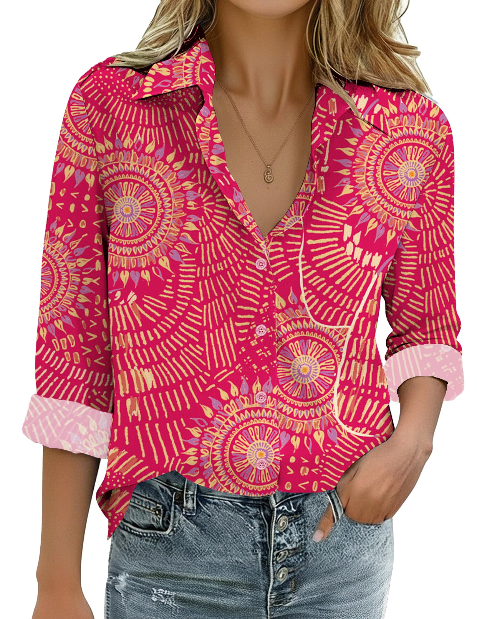 Zeagoo Womens Cotton Linen Button Down Shirts Loose Fit Long Sleeve Collared Blouse Casual V Neck Tops Outfits S-3XL — view 14
