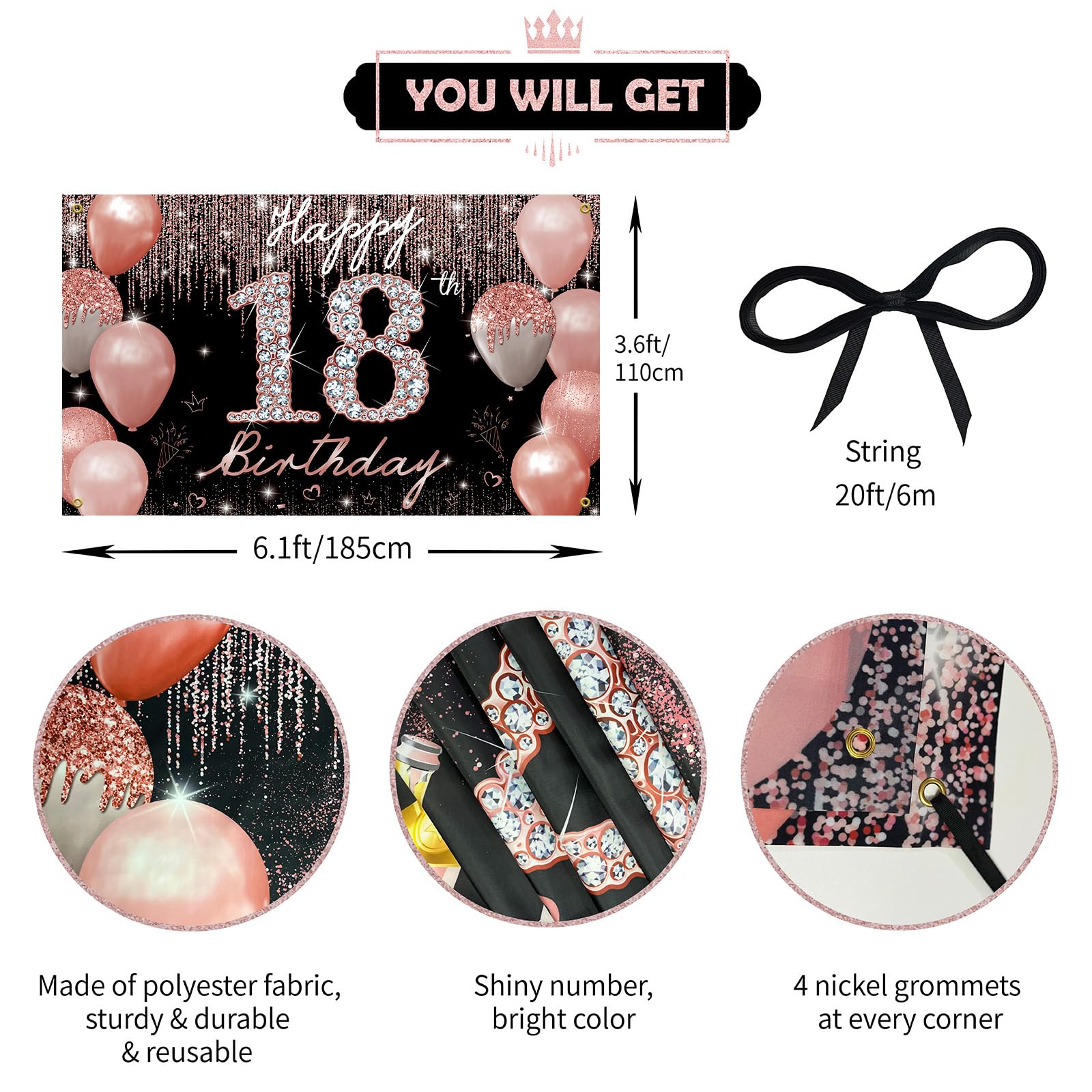 Türbanner Zum 18. Geburtstag – Happy 18th Birthday In Rose Gold & Rosa, 90x185 Cm