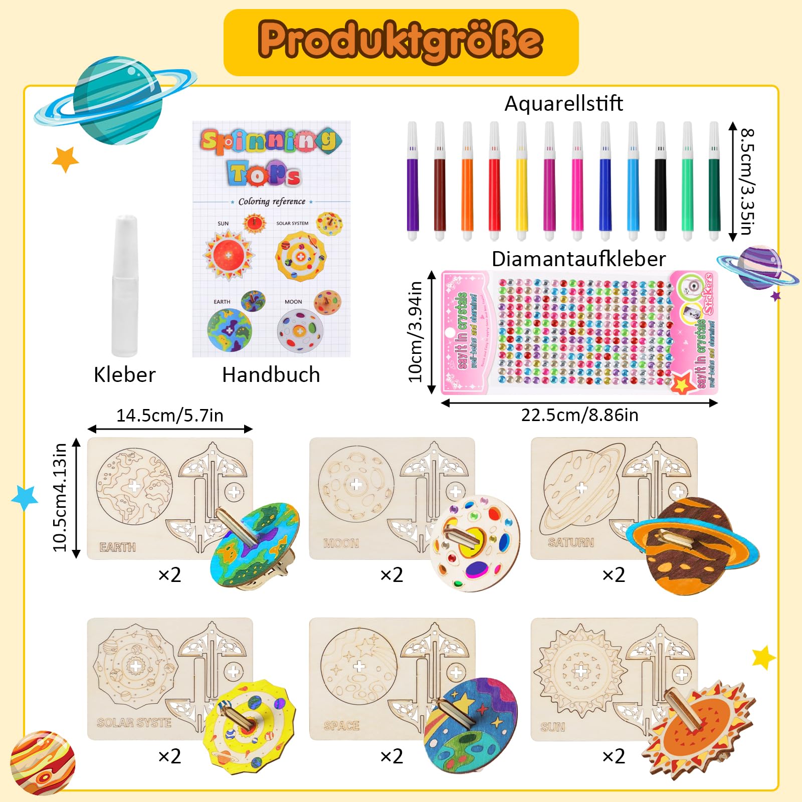 Set De 16 Peonzas De Madera Para Niños Con Lápices De Acuarela Y Pegatinas De Diamantes – Juego Creativo Y Educativo