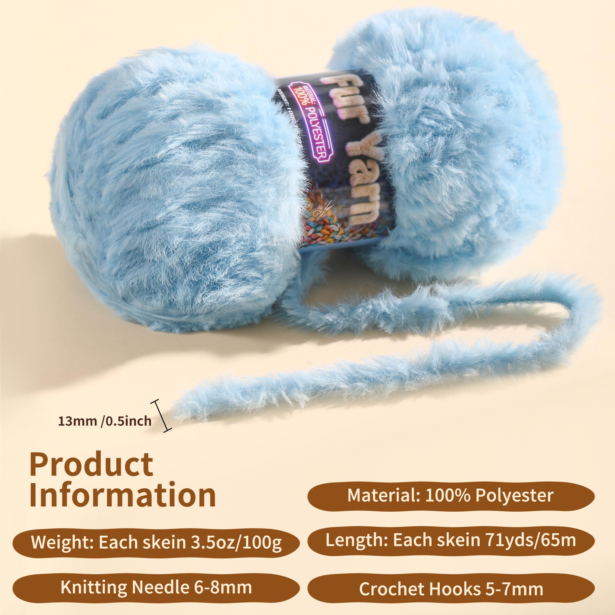 Faux Fur Yarn Soft Fluffy for Crocheting - 2 Skeins(Each 3.5oz/100g, 71yd/65m) - Chunky & Fluffy Yarn for Crochet Amigurumi, Blankets, Hand Knitting, Scarves &Crafts (2, Beige) — view 2