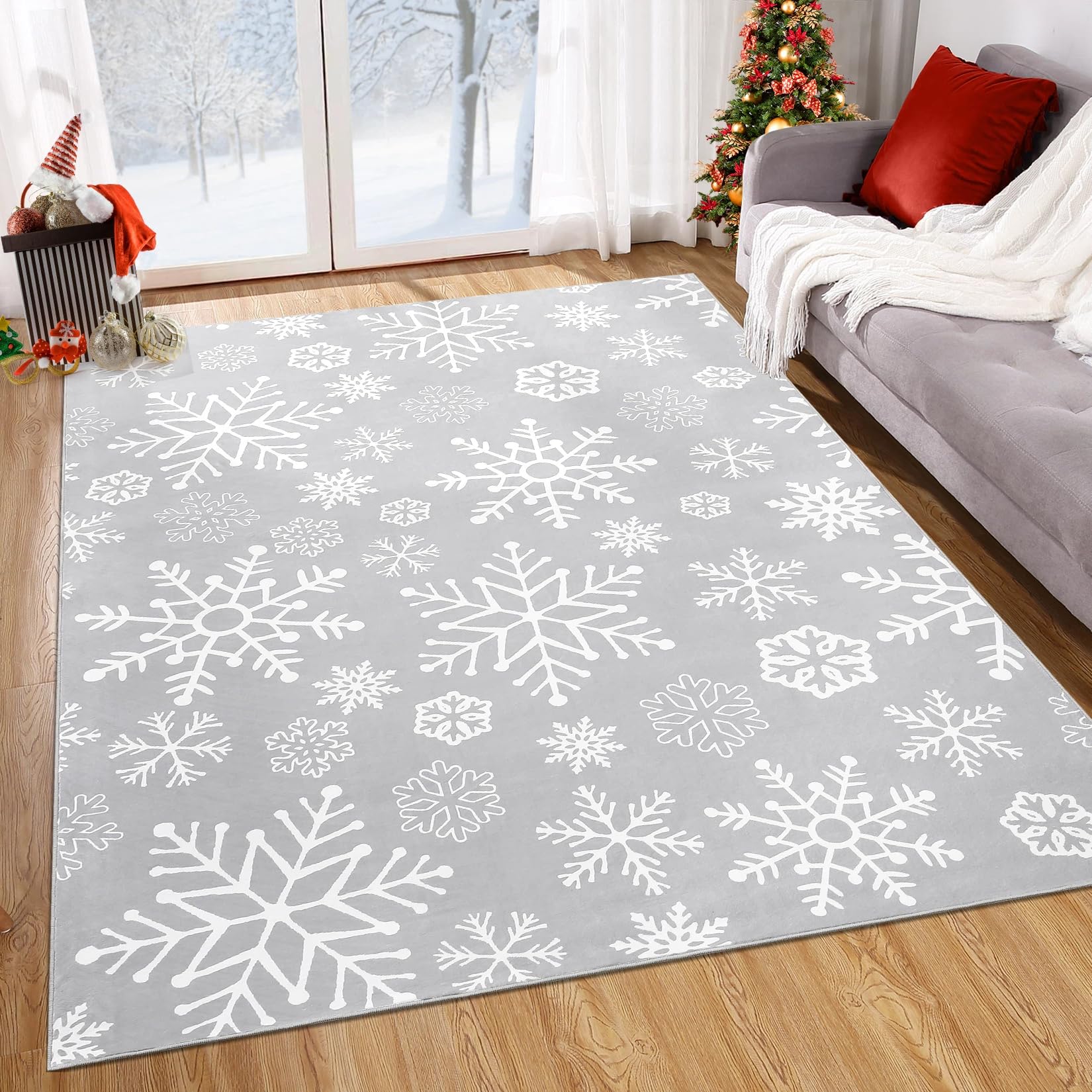 FairyStyle Christmas Living Room Rug 160x230 cm, Snowflake Design, Grey