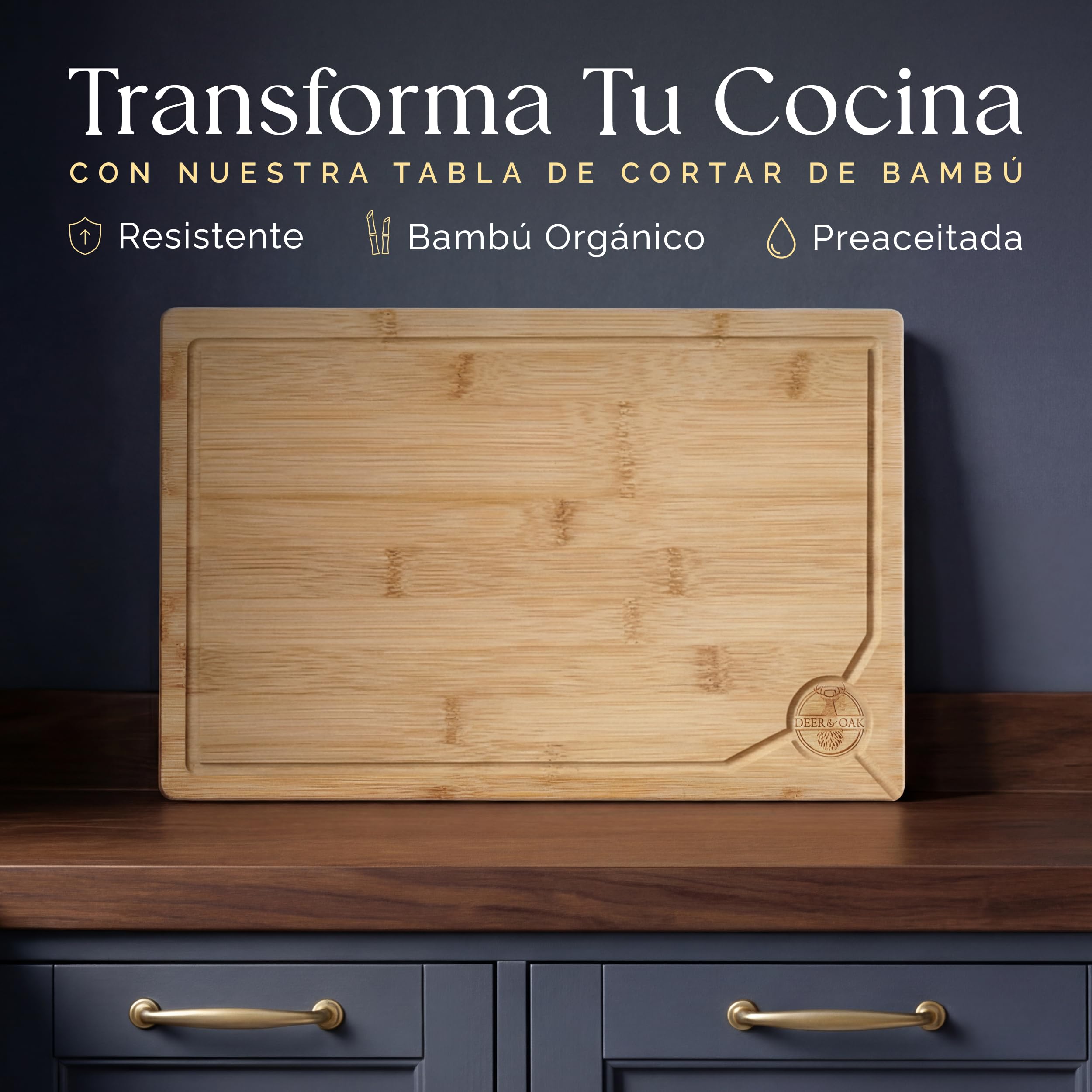 Deer & Oak Tabla de Cortar Bambú 44x30x2 cm Madera Preengrasada para Cocina