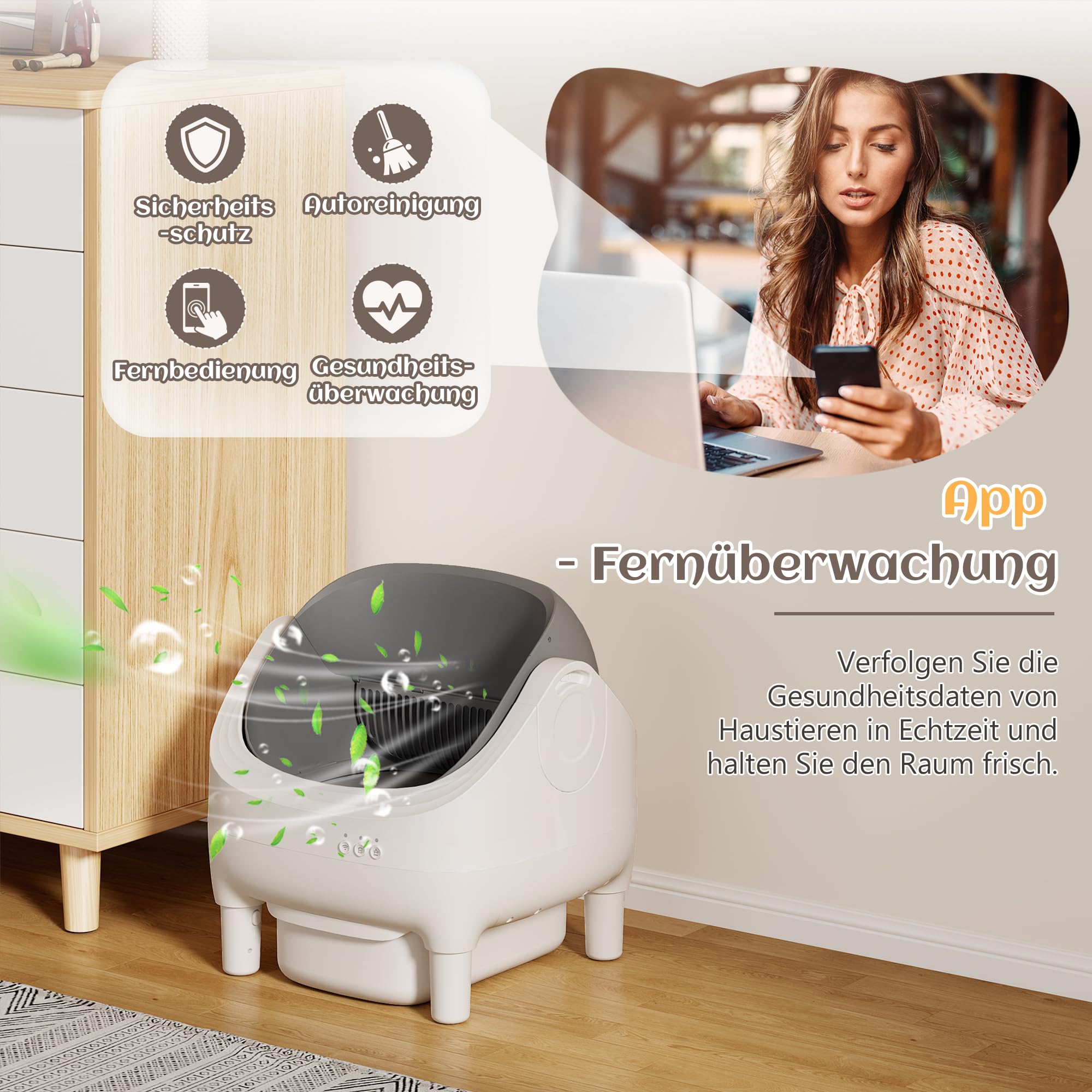 JUMMICO Litière pour Chat Automatique et Intelligente - Litière Chat Autonettoyante avec App, Surveillance Santé & Contrôle des Odeurs | Capacité XXL 12L (15 Jours), Sécurité 8 Capteurs, Design Ouvert