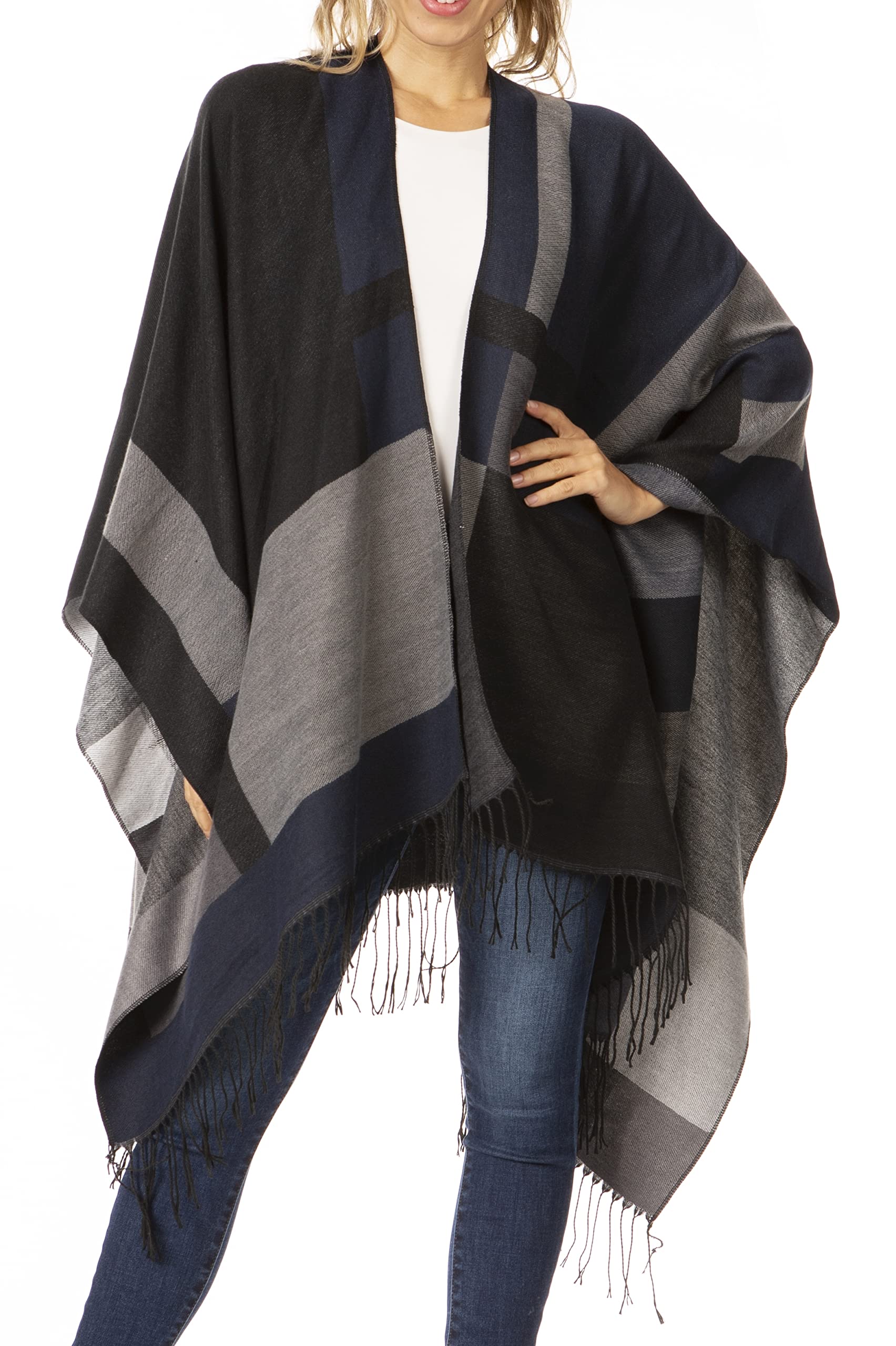 Sakkas 1927 - Avi Women's Reversible Open Front Poncho Cardigan Ruana Cape Shawl W/Fringe - ColorBlockBlack - OS