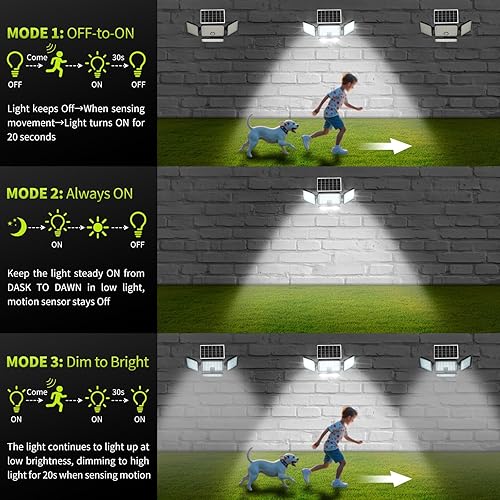 Miniatura 7 de 2 luces de inundación solares para exteriores, 4 cabezales con sensor de movimiento, luz de inundación con cable de extensión