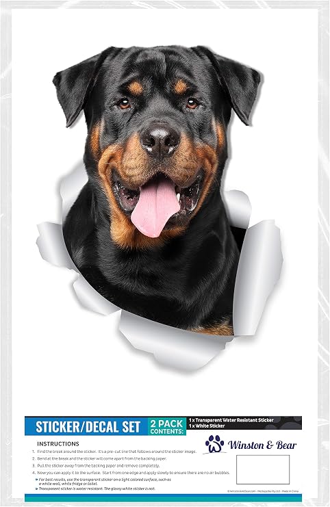 Winston & Bear 3D Smiling Rottweilerステッカー - 2パック - ロットワイラーウォールデカール - 犬愛好家へのギフト - 寝室用犬ステッカー - 冷蔵庫 - トイレ - 車 - 小売パッケージ