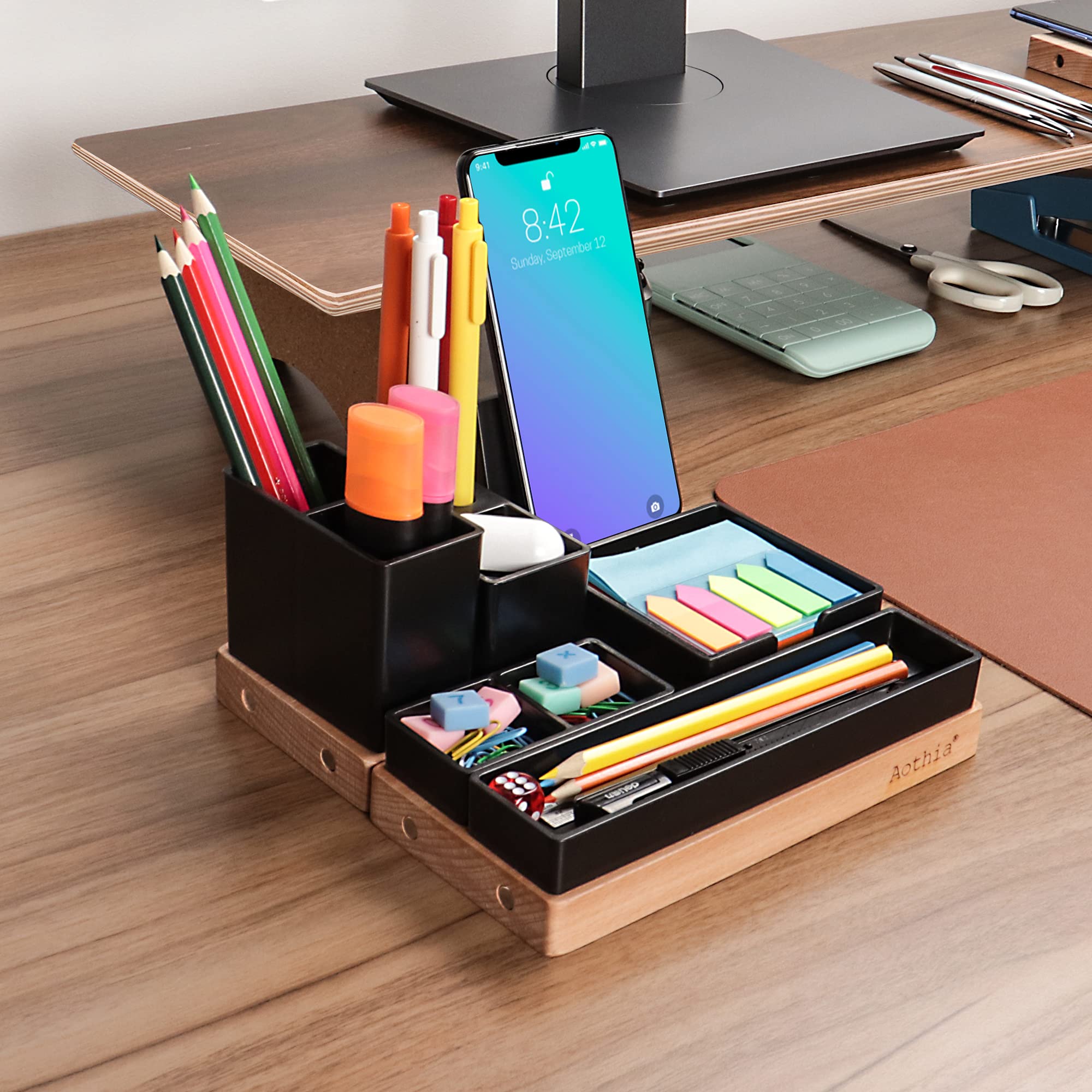 Aothia Organiseur de bureau réglable avec porte-crayons pour téléphone et accessoires de bureau, organisation de bureau, noir