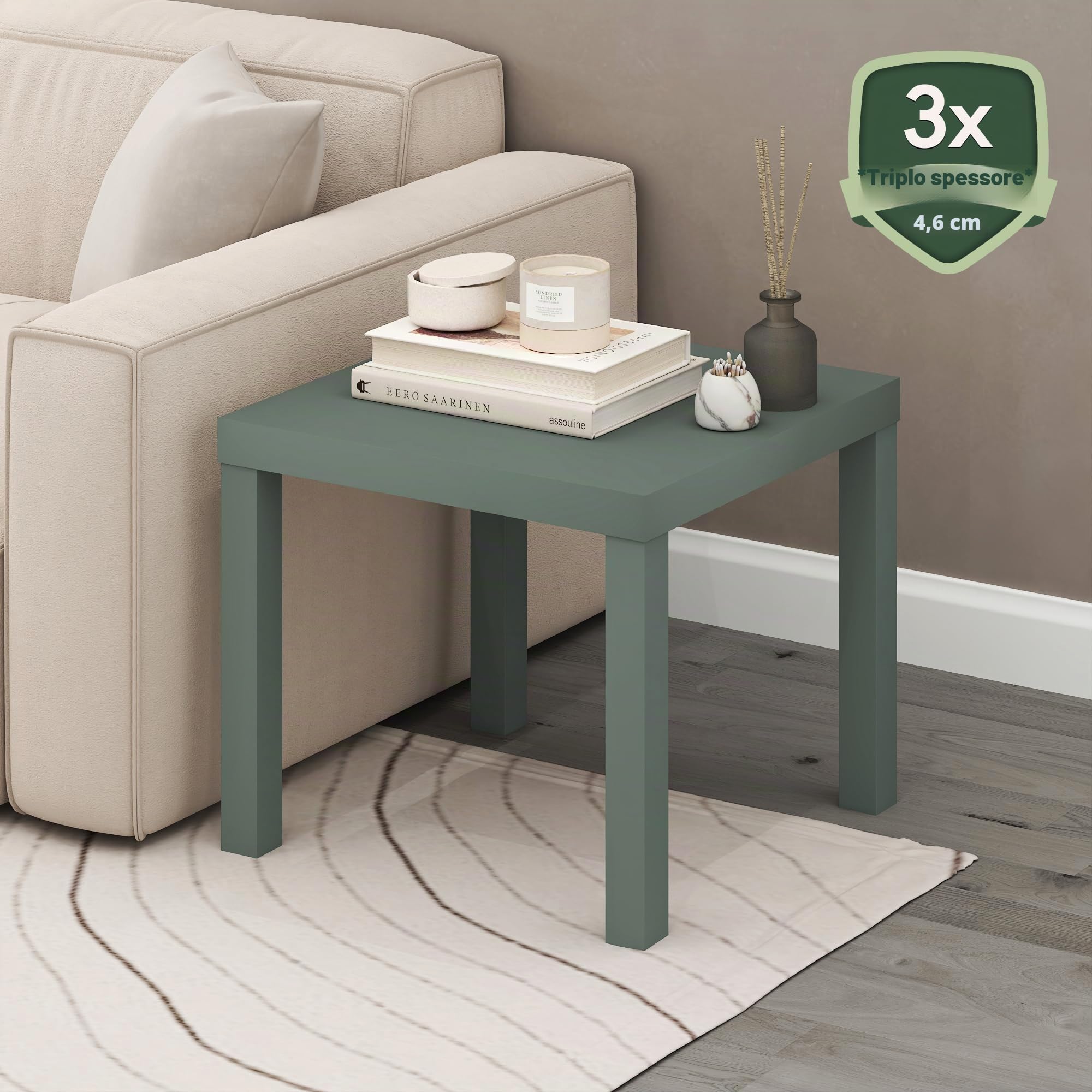 Furinno CLASSIC tavolino laterale, tavolino quadrato, comodino con piano spesso 1.8", tavolino da notte, tavolino da letto, per soggiorno, camera da letto, verde salvia