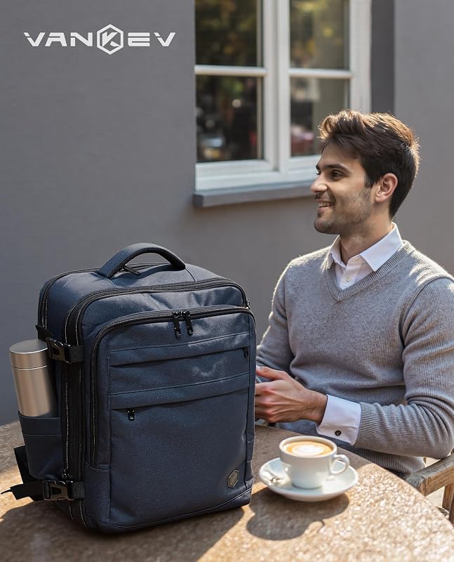 Rucsac de călătorie extensibil VANKEV pentru bagaj de mână Ryanair, EasyJet, Eurowings, Wizz Air, Albastru închis, 40x30x20-40x30x25, 24-30L, pentru laptop de 15,6"
